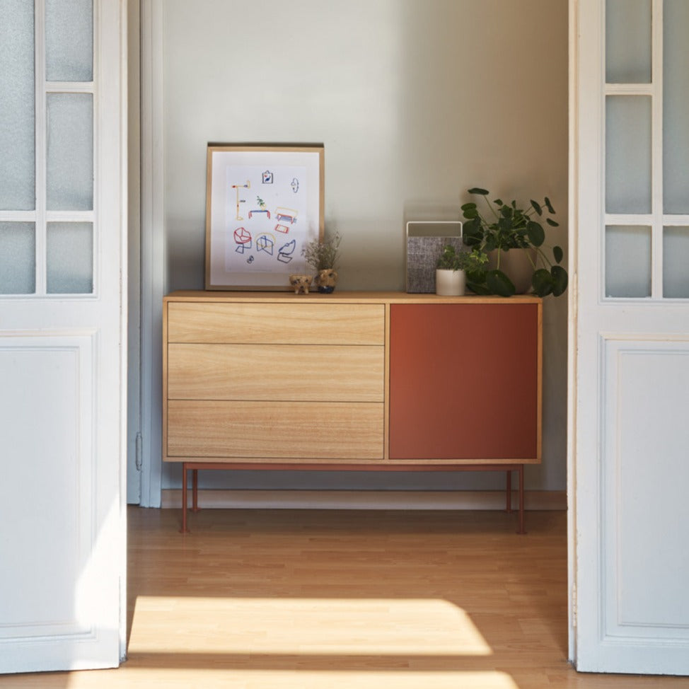 Madia 3 cassetti 1 anta quercia terracotta Yoko di Teulat 128x81 cm