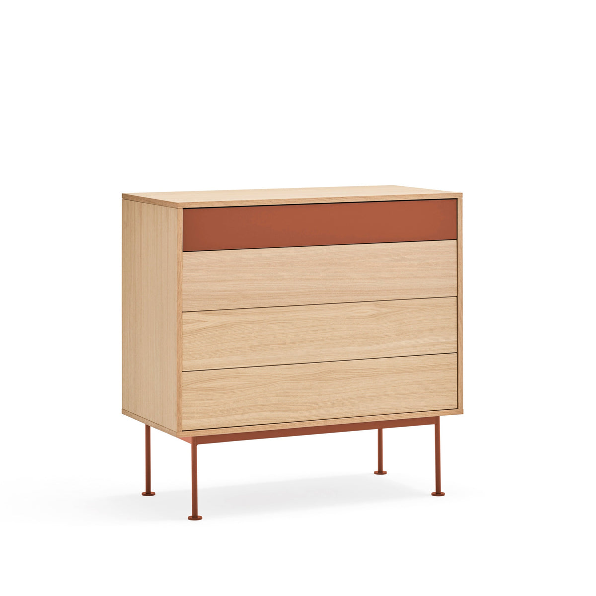 Cassettiera 4 cassetti quercia e terracotta Yoko 90x91 cm