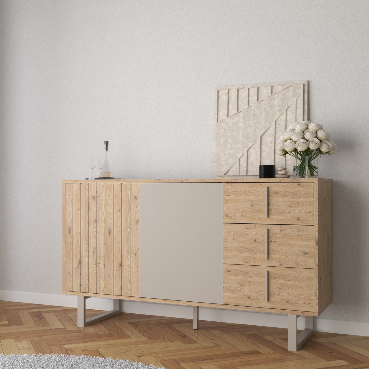 Madia 2 ante 3 cassetti rovere/grigio Molly 140x80 cm