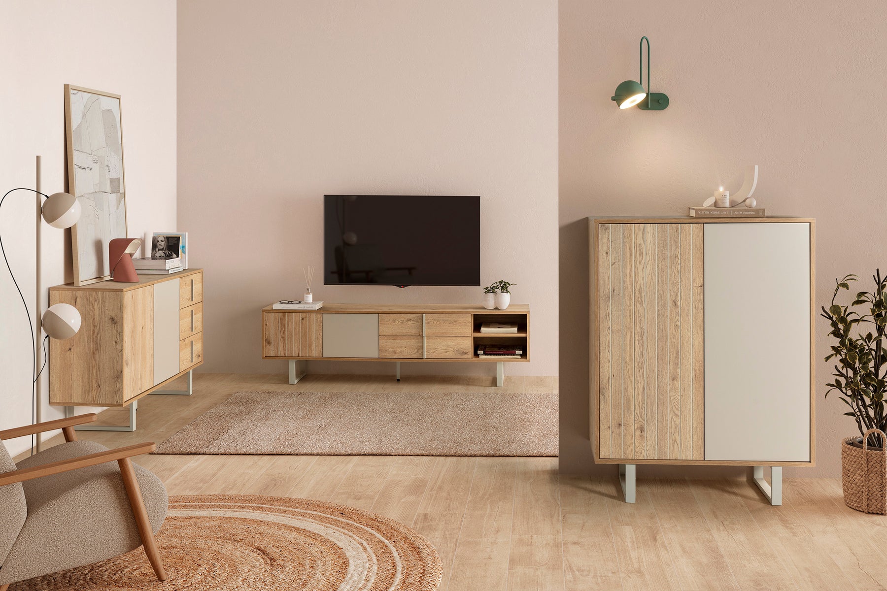 Madia 2 ante 3 cassetti rovere/grigio Molly 140x80 cm