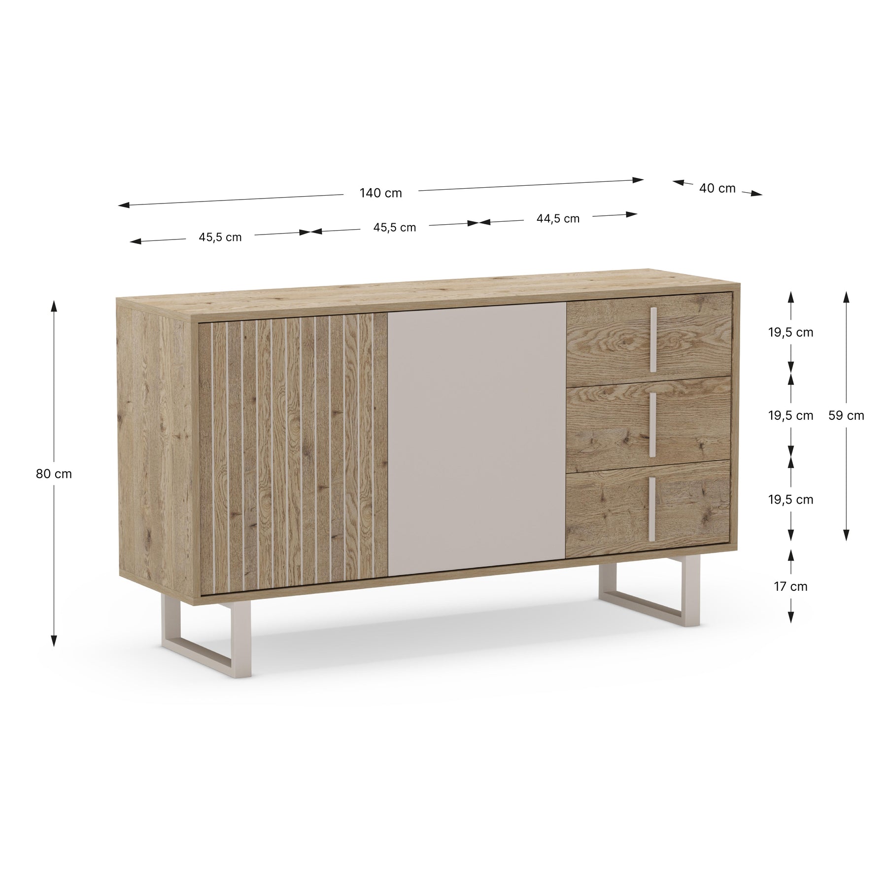 Madia 2 ante 3 cassetti rovere/grigio Molly 140x80 cm