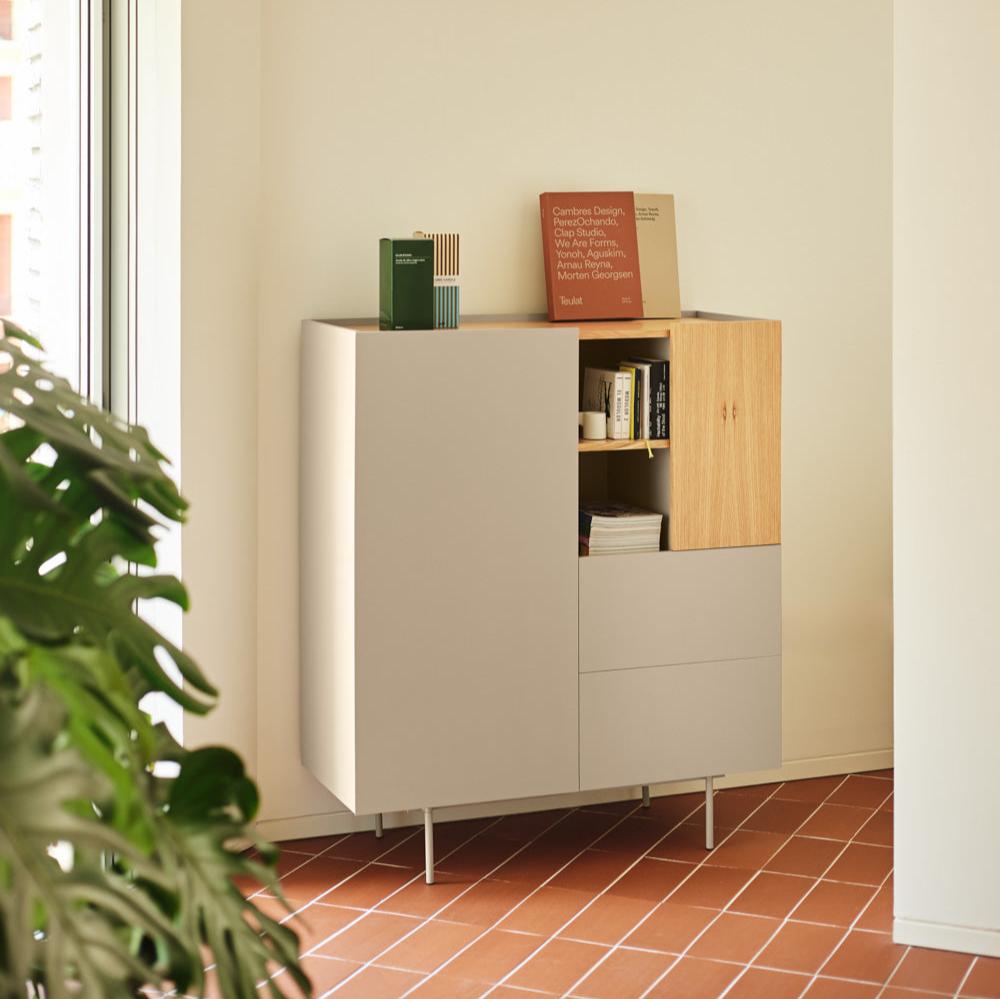 Credenza 2 ante 2 cassetti legno rovere e cashmere Otto di Teulat 100x120 cm