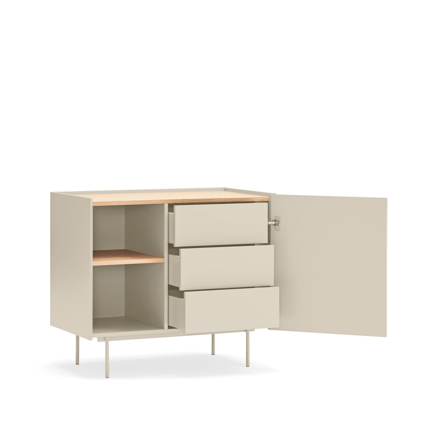 Cassettiera tre cassetti con anta legno rovere e cashmere Otto di Teulat 88x78 cm