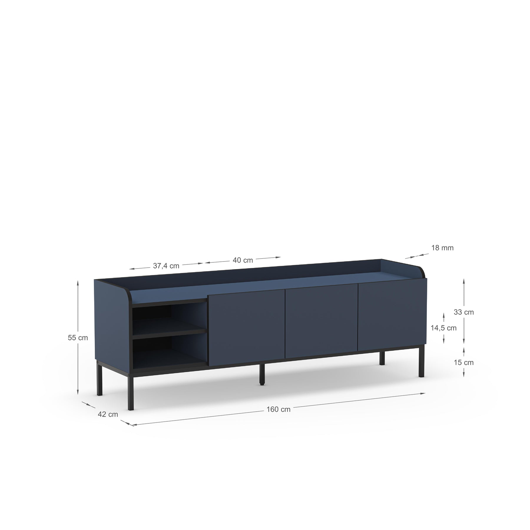 Mobile TV 3 ante con gamba in metallo Audry 160x55 cm