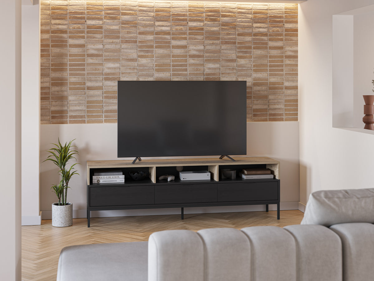 Mobile TV 3 cassetti nero e rovere Maris 180x55 cm