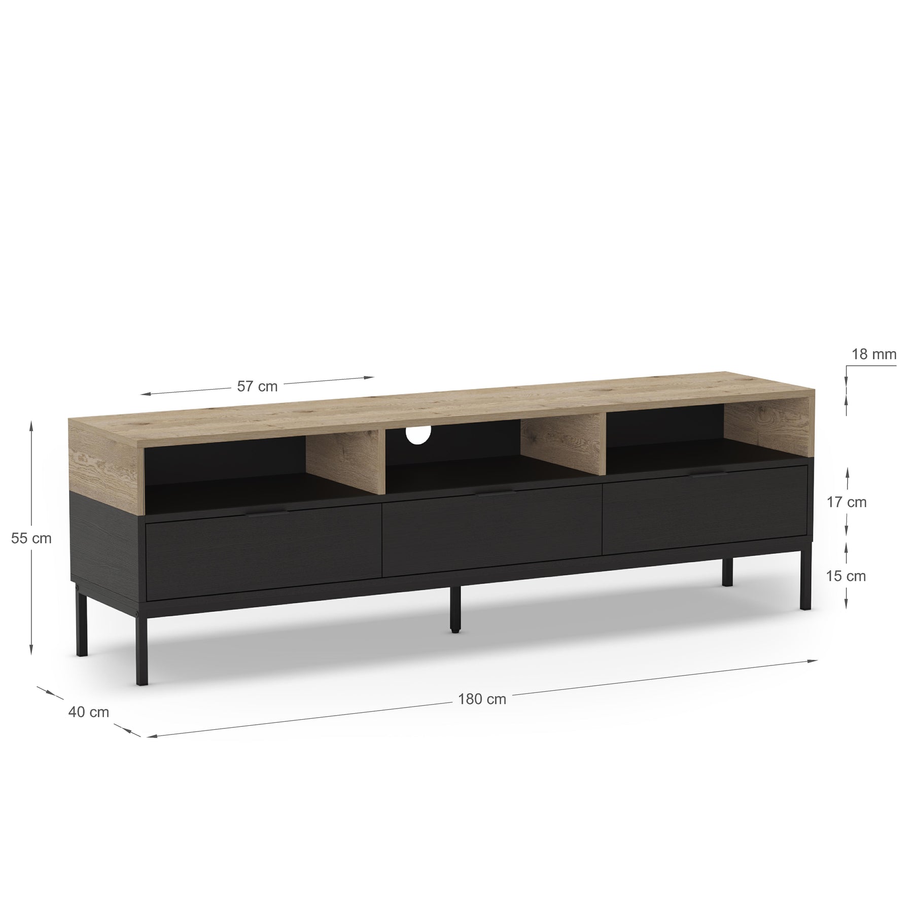 Mobile TV 3 cassetti nero e rovere Maris 180x55 cm