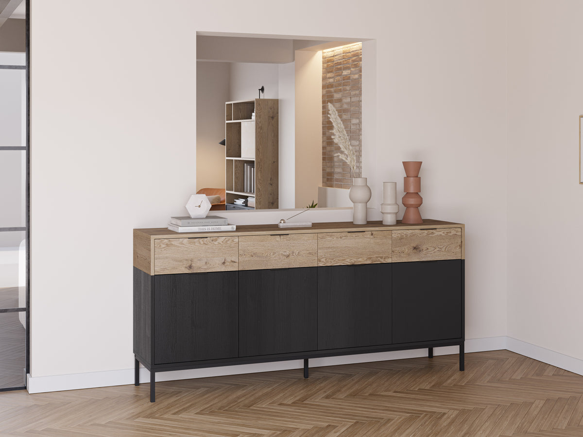 Madia 4 ante 4 cassetti nero e rovere Maris 180x80 cm