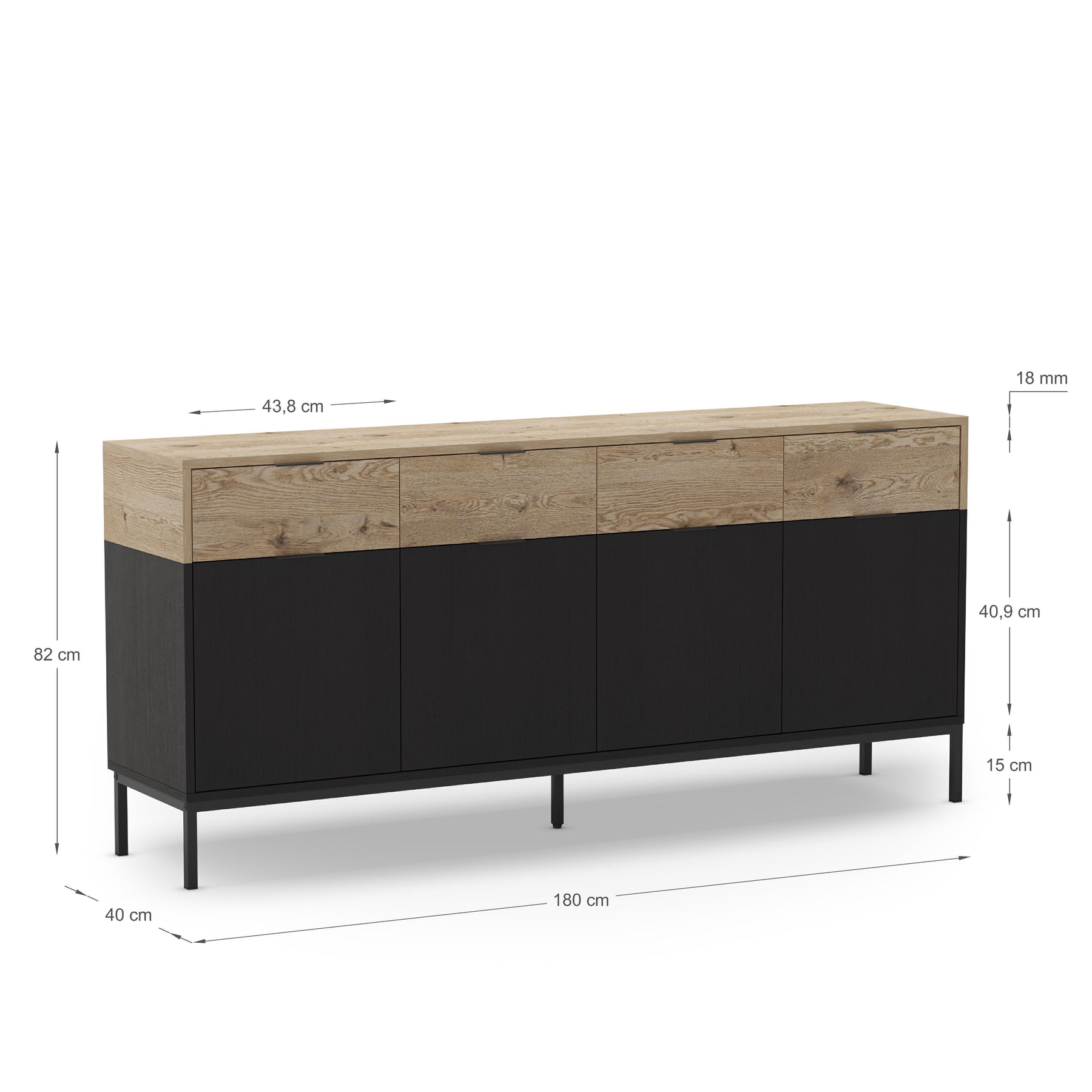 Madia 4 ante 4 cassetti nero e rovere Maris 180x80 cm