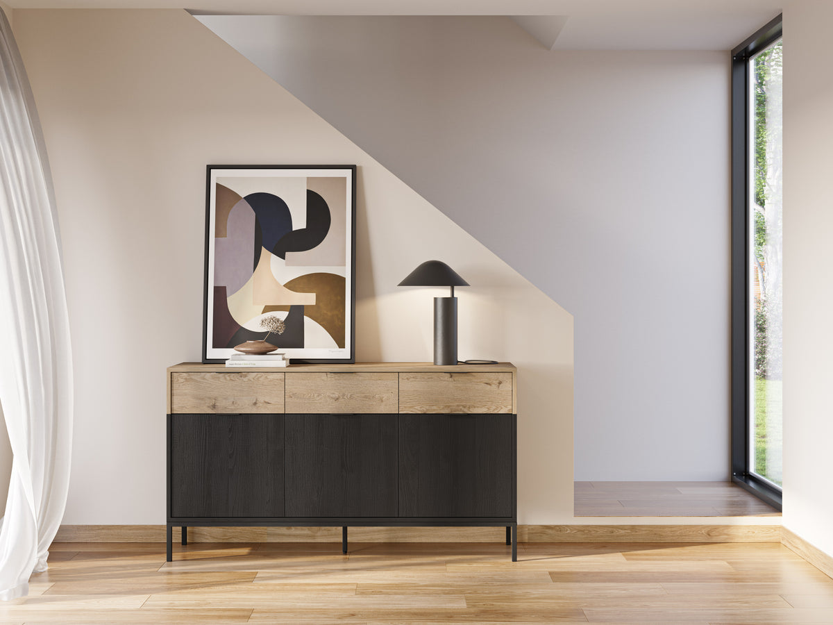 Madia 3 ante 3 cassetti nero e rovere Maris 150x80 cm