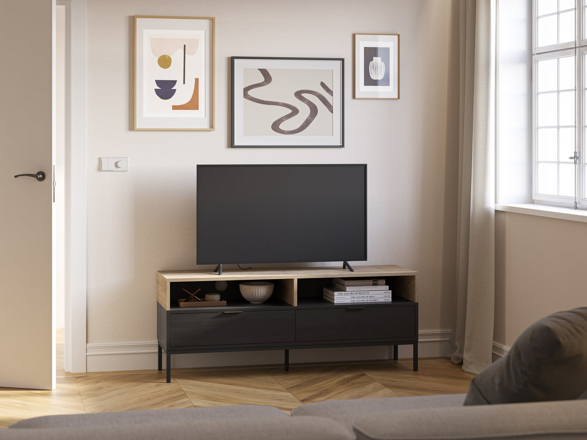 Mobile TV 2 cassetti nero e rovere Maris 140x55 cm