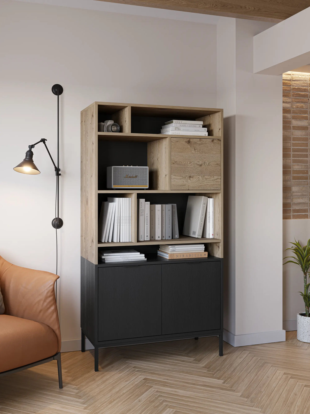 Libreria 3 ante nero e rovere Maris 90x170 cm