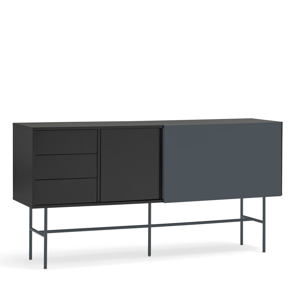 Madia tre cassetti anta scorrevole laccata nero e grigio antracite con piede in ferro Nube di Teulat 180x45cm