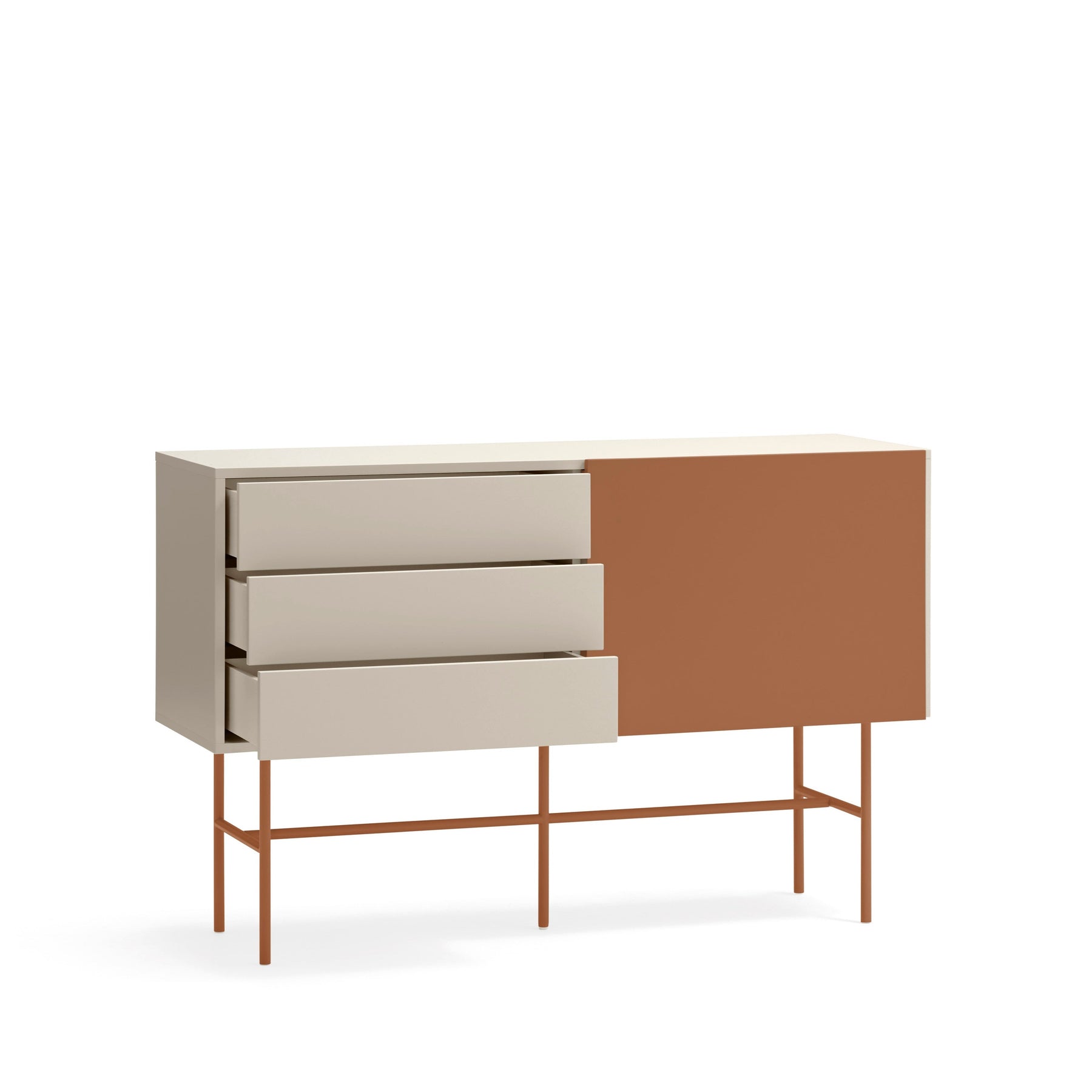 Cassettiera 3 cassetti e anta scorrevole laccata sabbia e terracotta Nube di Teulat 140x91 cm