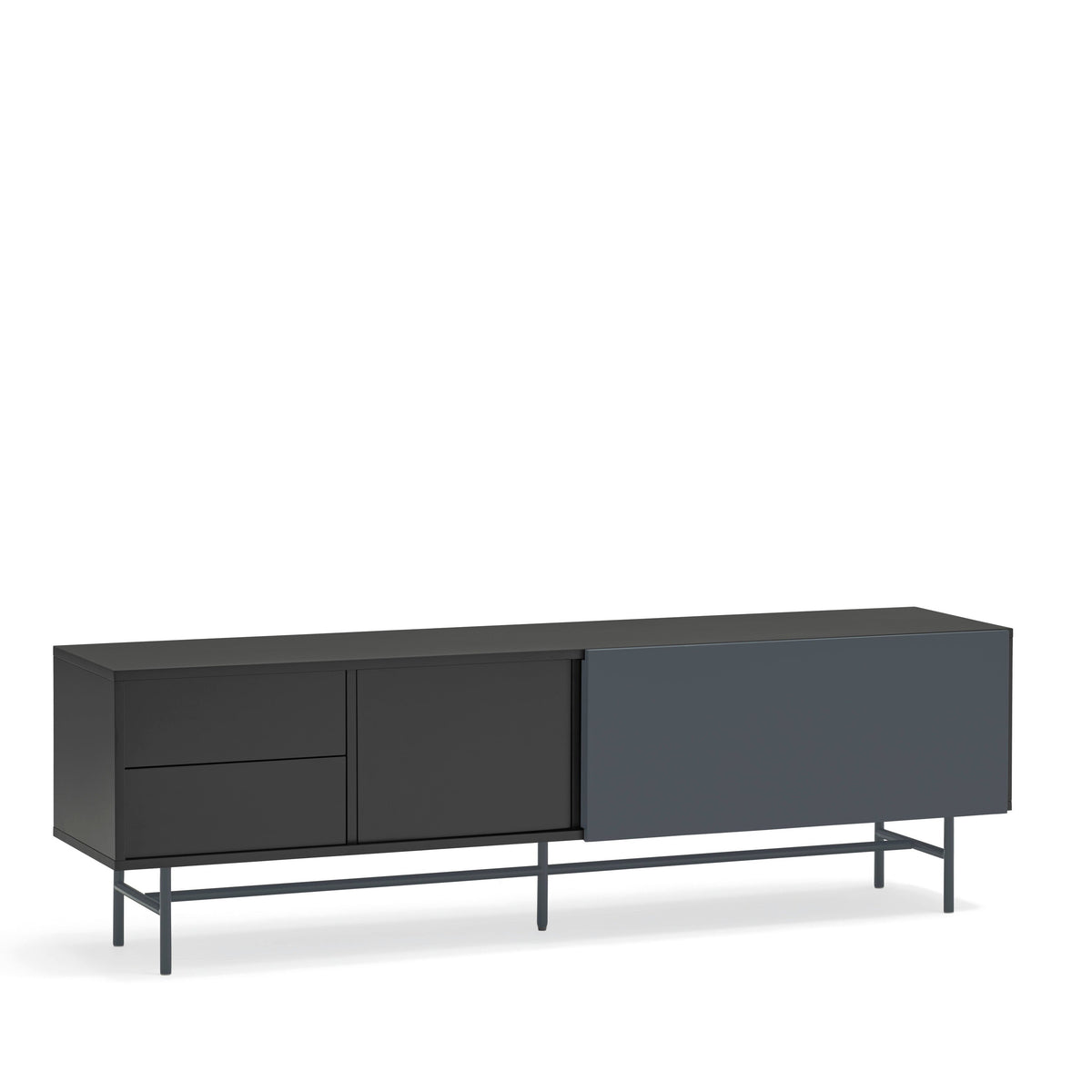 Mobile TV 2 ante e 2 cassetti laccato nero e grigio antracite con piede in ferro Nube di Teulat 180x56 cm
