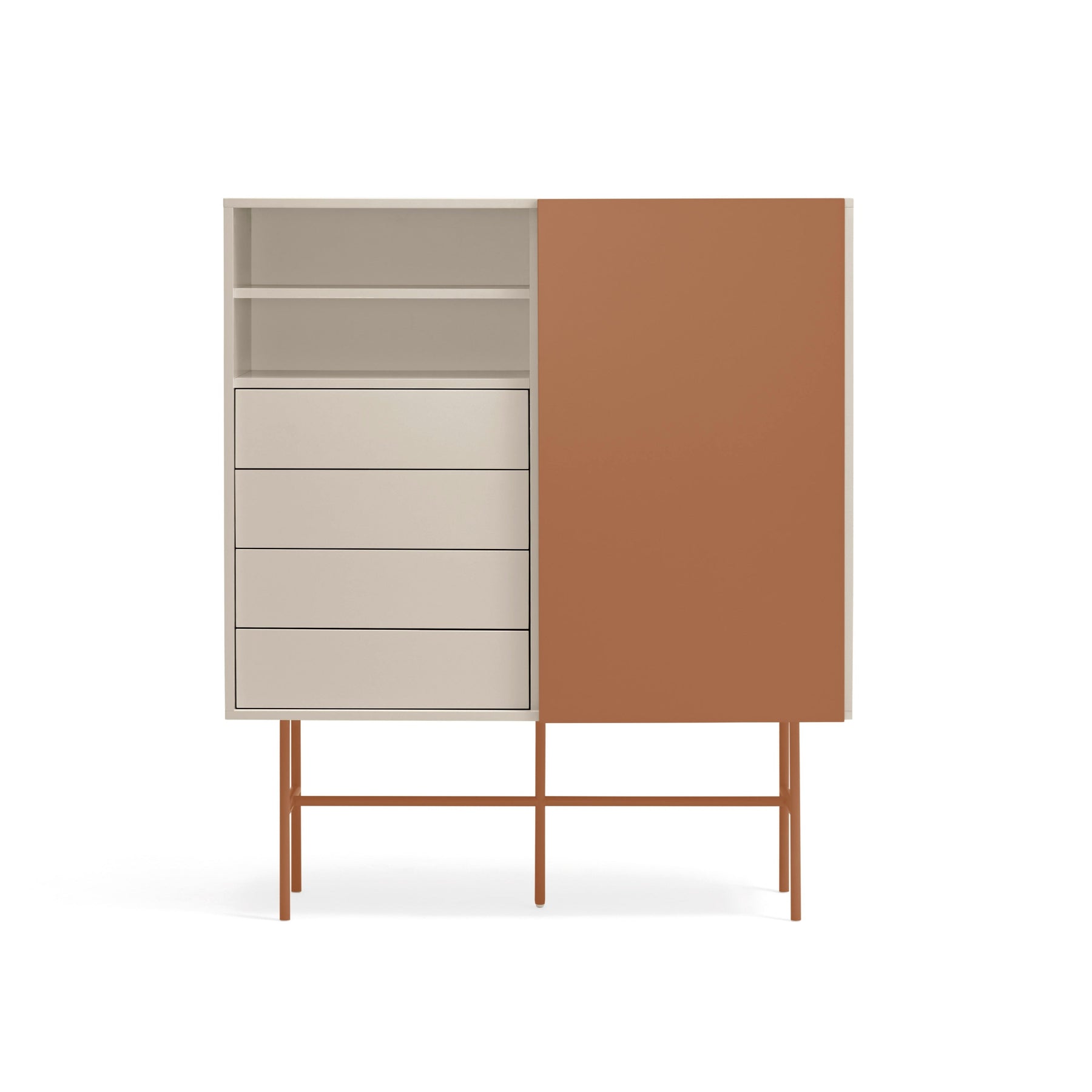 Credenza 4 cassetti con anta scorrevole e ripiani a vista sabbia e terracotta Nube di Teulat 120x140