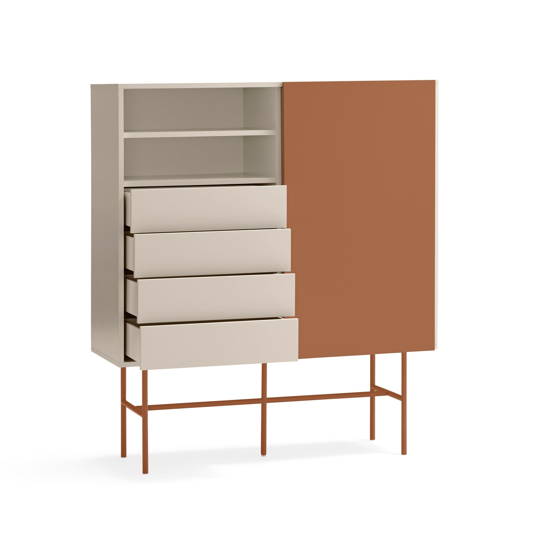 Credenza 4 cassetti con anta scorrevole e ripiani a vista sabbia e terracotta Nube di Teulat 120x140