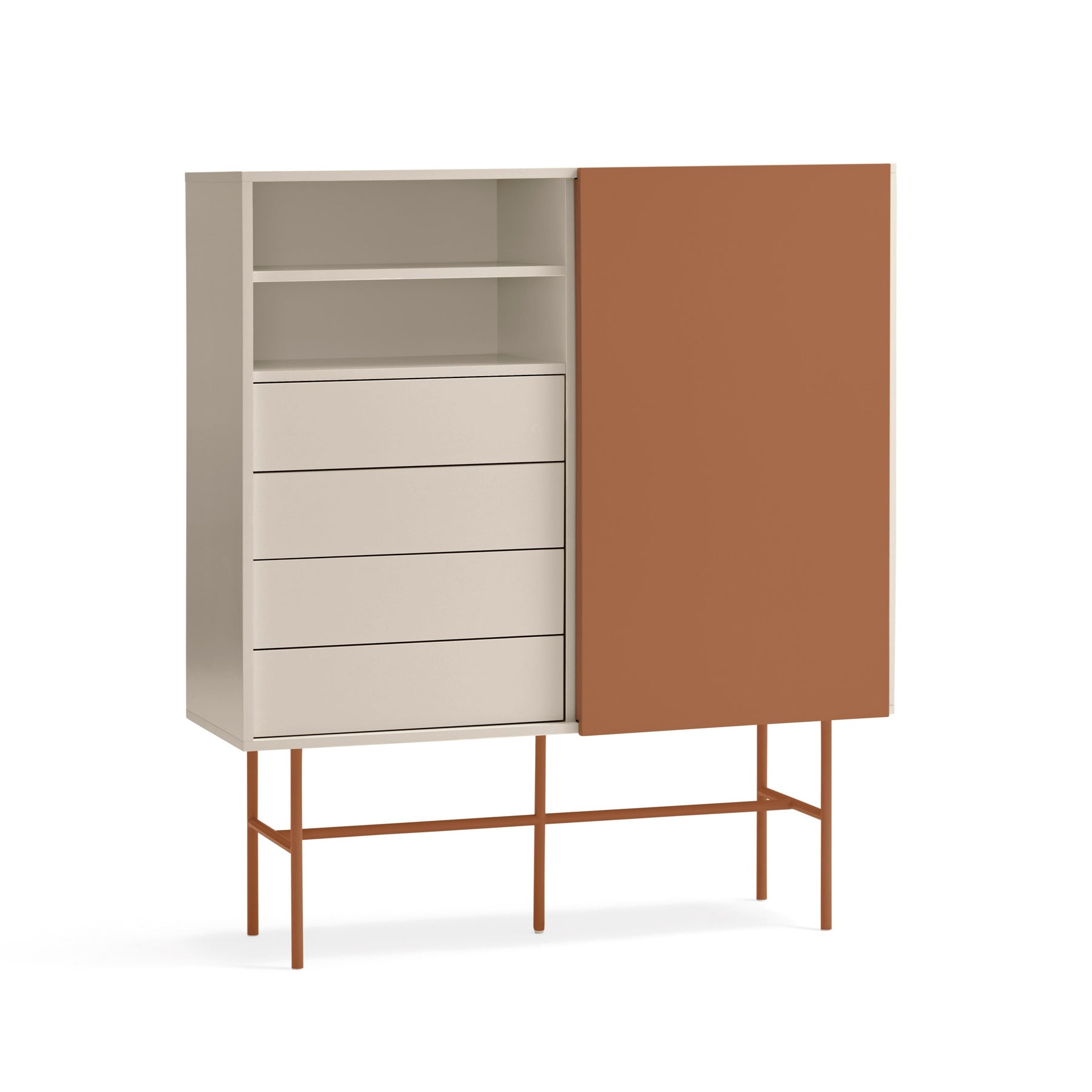 Credenza 4 cassetti con anta scorrevole e ripiani a vista sabbia e terracotta Nube di Teulat 120x140