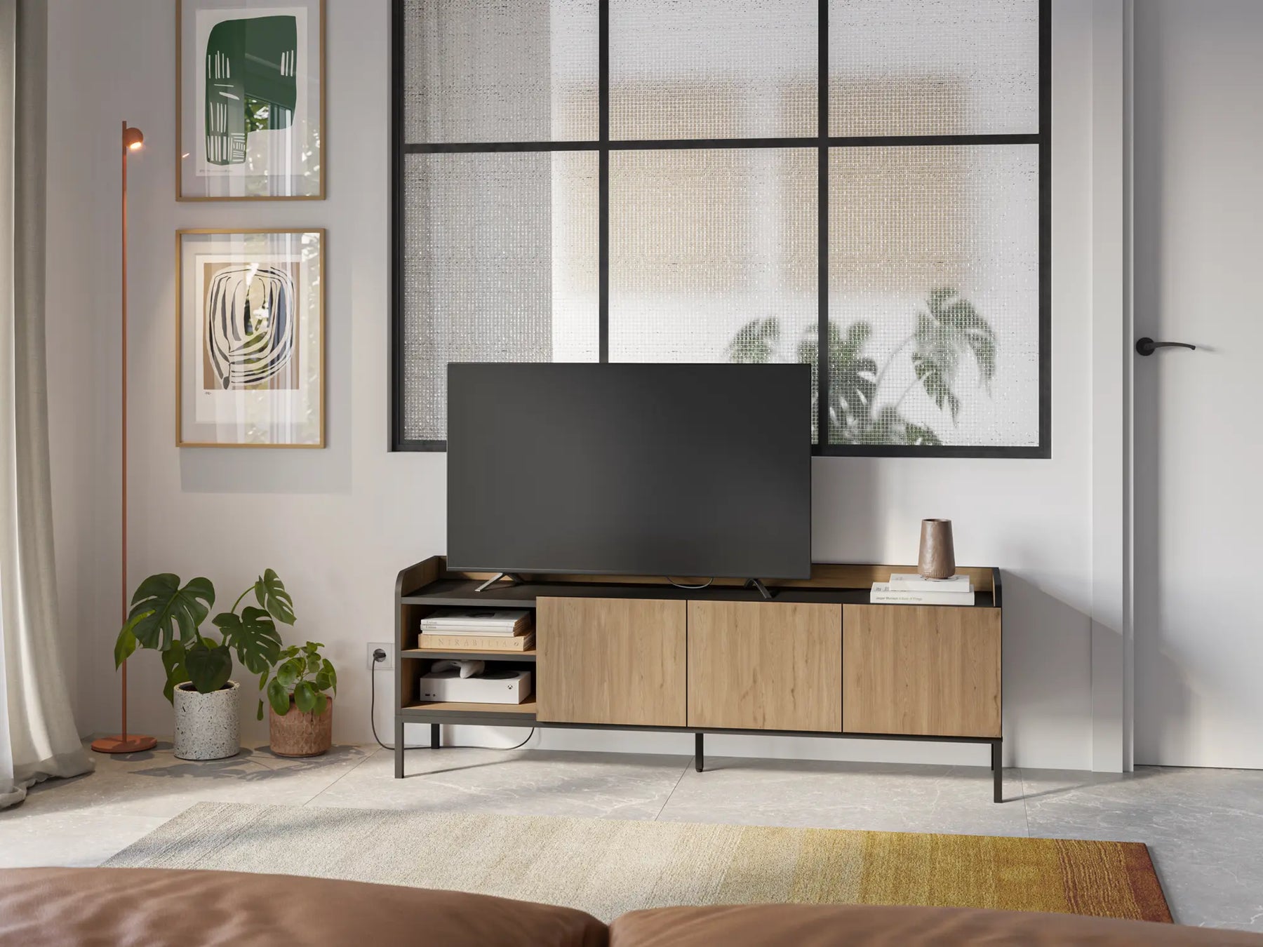Mobile TV 3 ante con gamba in metallo Audry 160x55 cm