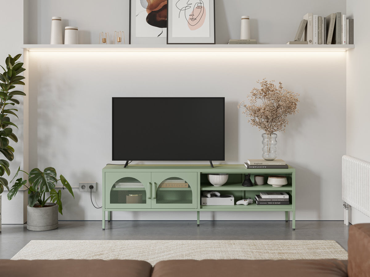 Mobile TV in metallo con ante in vetro e mensole a giorno Diora 160x50 cm