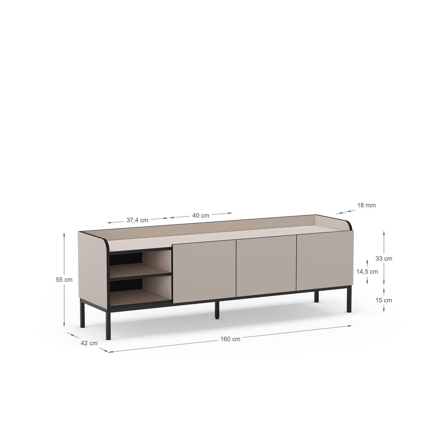 Mobile TV 3 ante con gamba in metallo Audry 160x55 cm