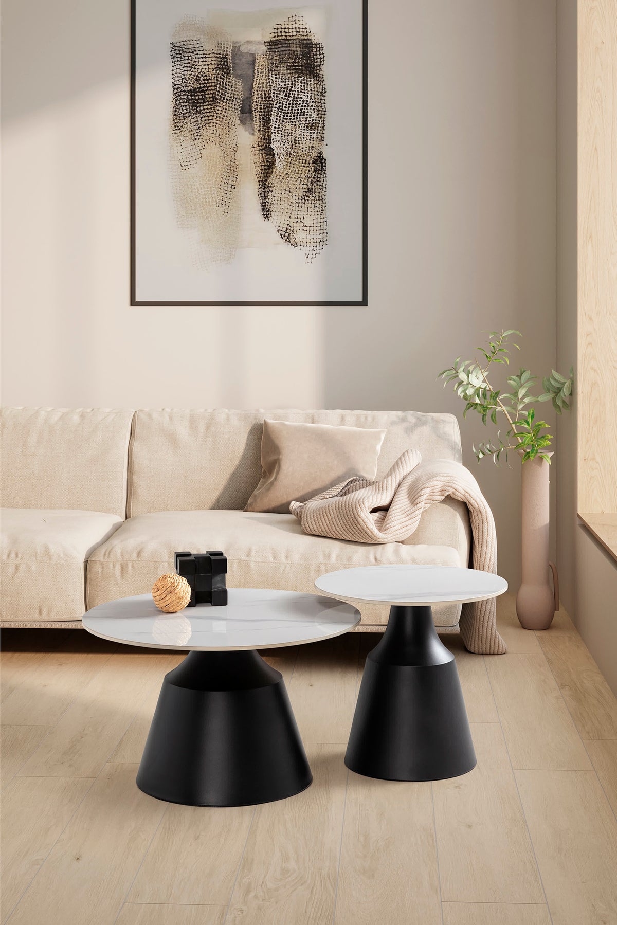 Set di 2 tavolini in pietra bianca Riley 70/50 x 42.5/48.5 cm