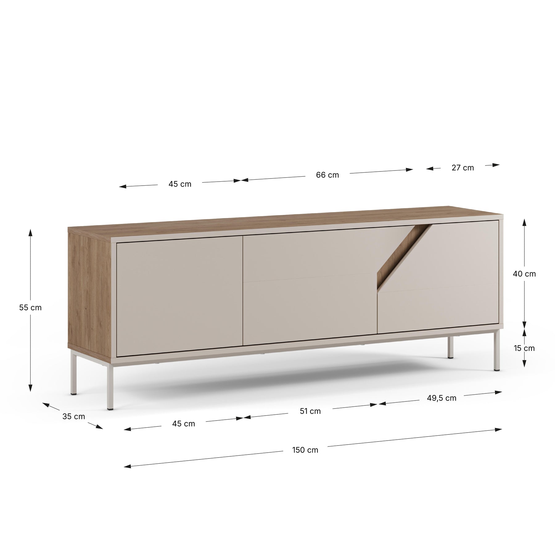 Mobile TV 3 ante crema e rovere Remy 150x55 cm