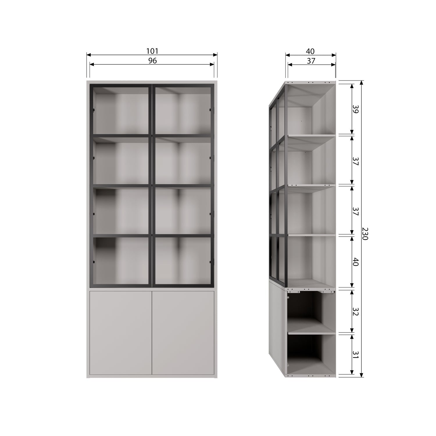 Vetrina 4 ante in legno di pino grigio seta Basic 230x101 cm