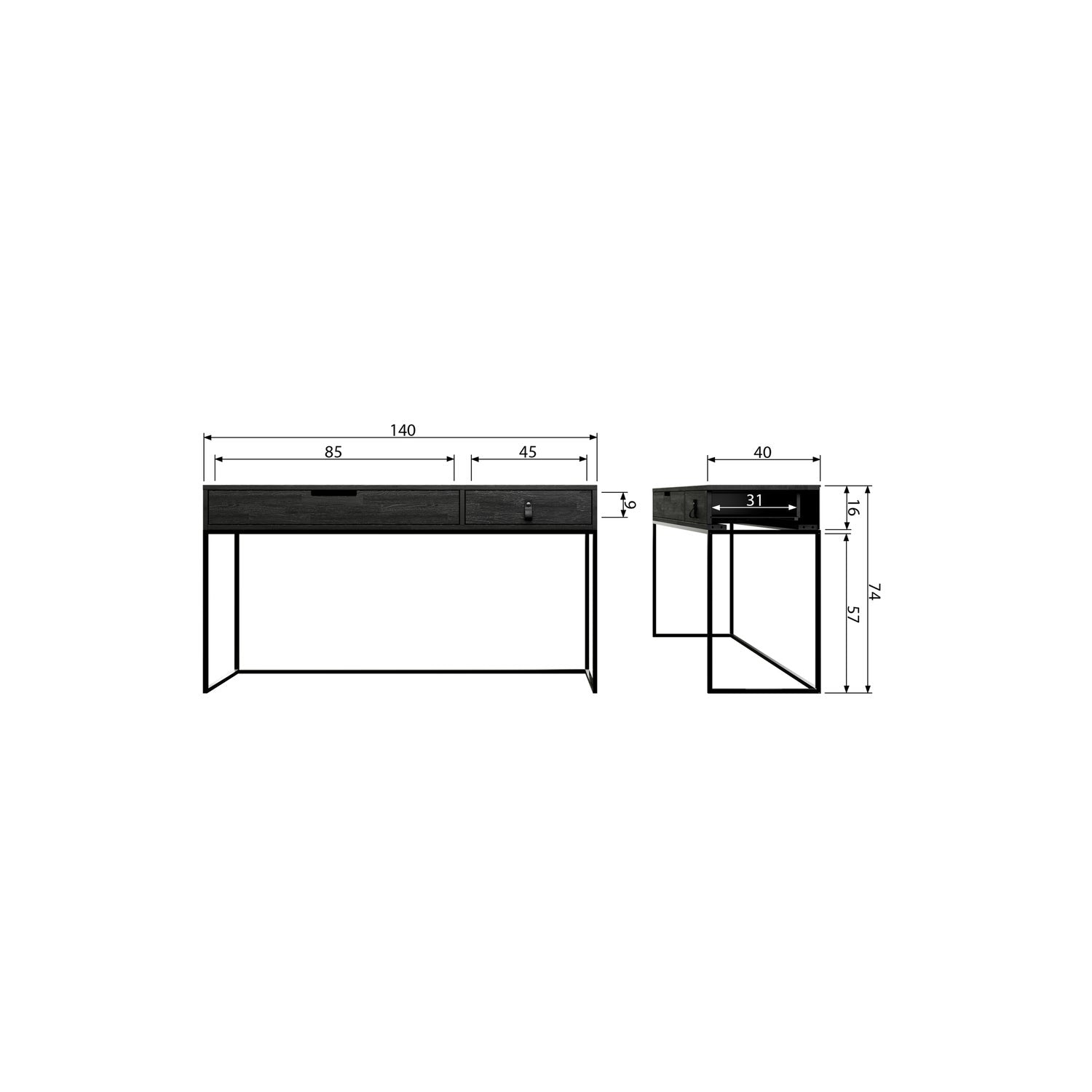Tavolino 2 cassetti in metallo Silas 74x140 cm