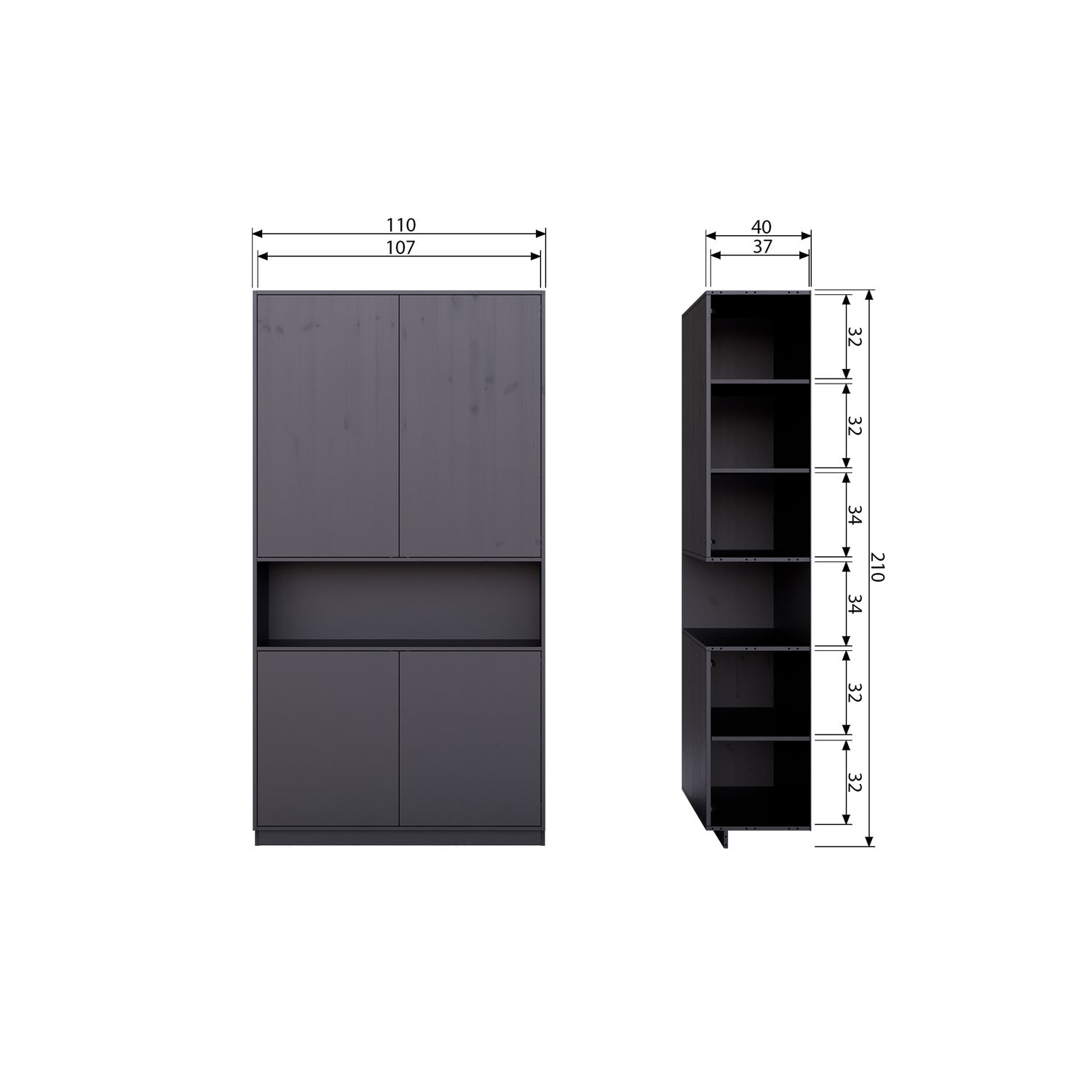 Credenza 4 ante in legno di pino nero Finca