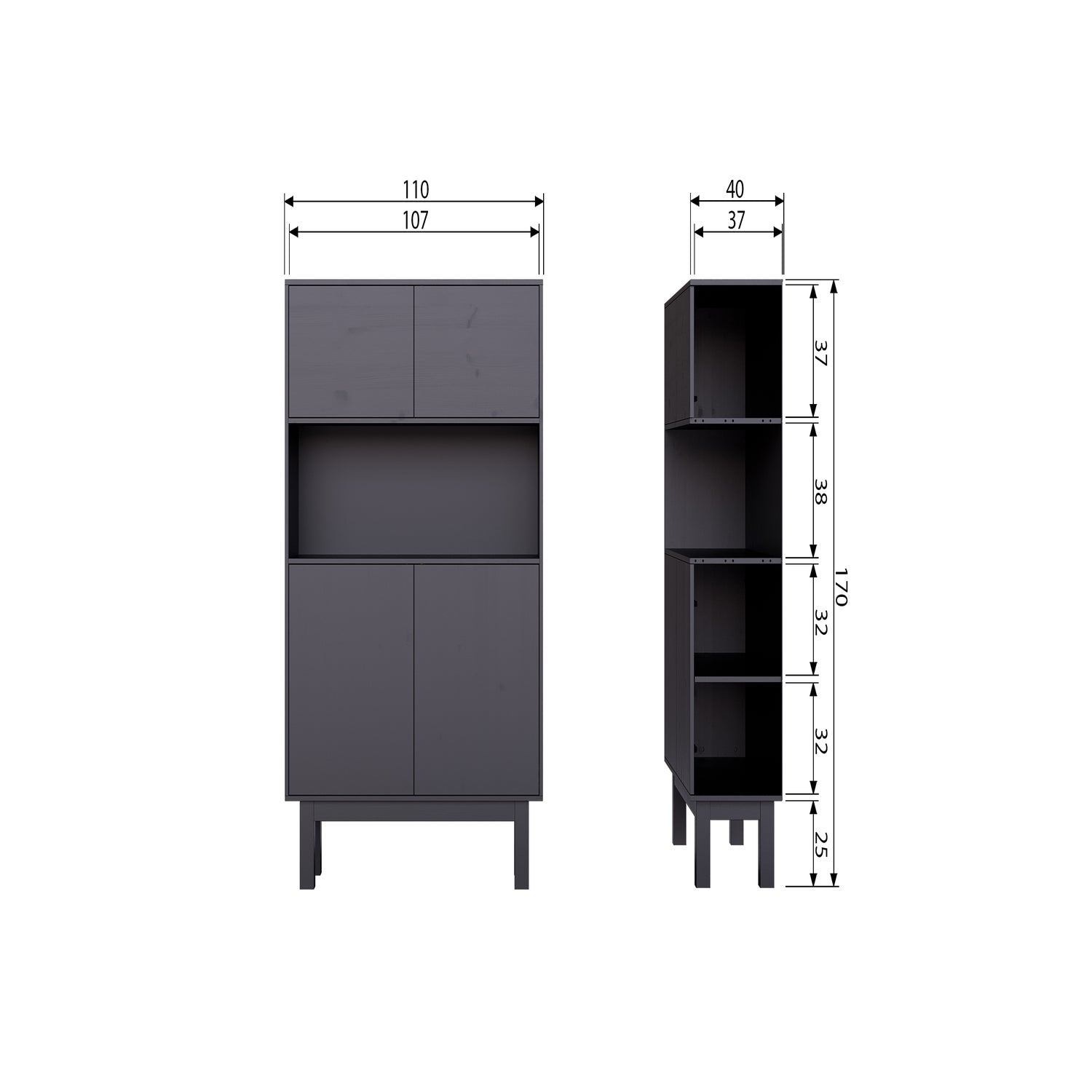 Credenza 4 ante in legno di pino nero Finca