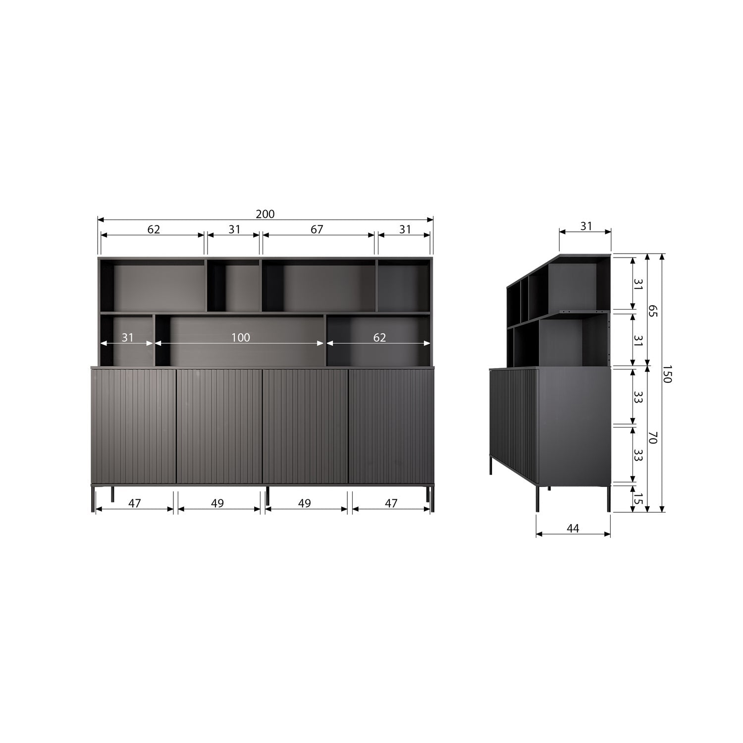 Credenza a giorno in legno di quercia New Gravure 65x200 cm