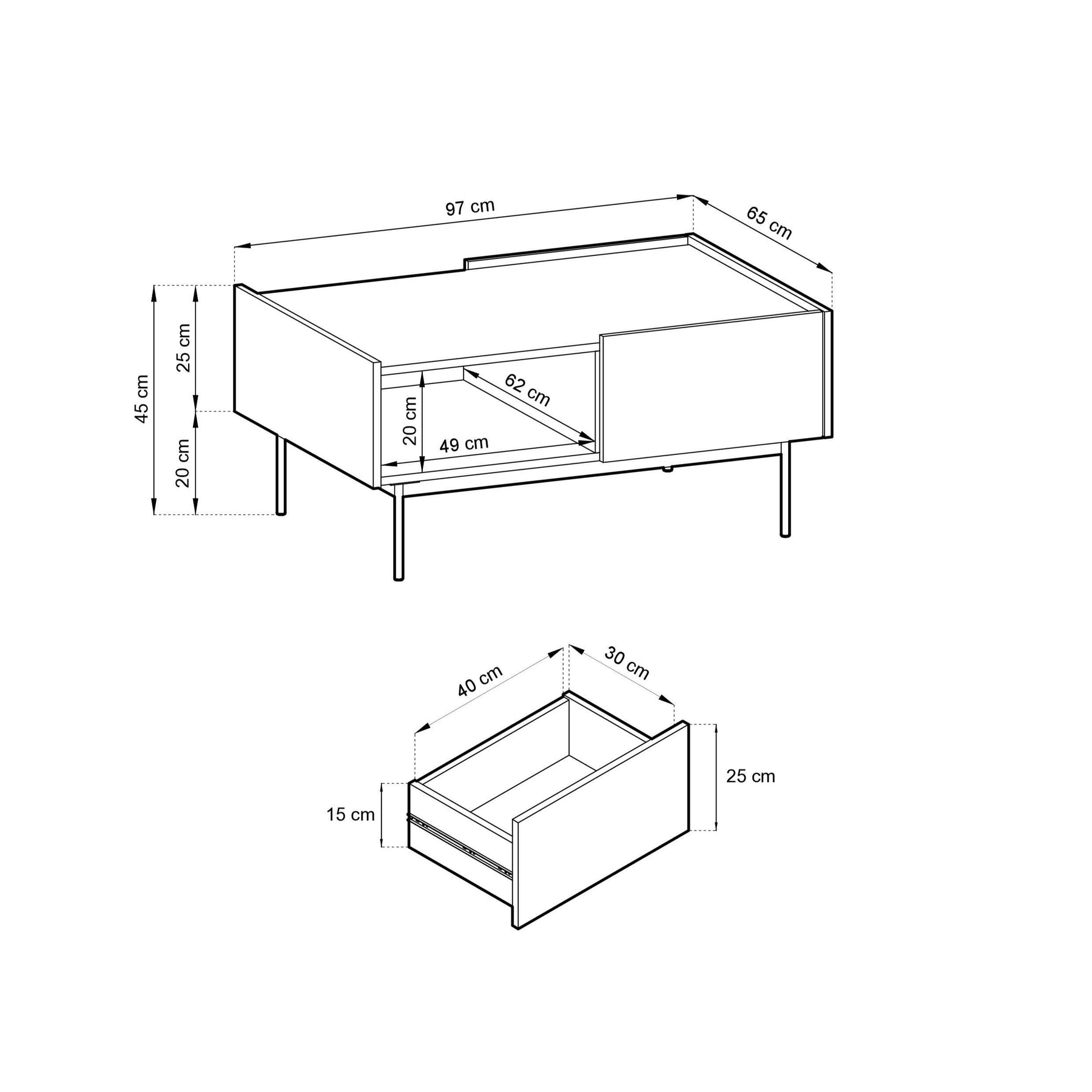Tavolino basso 2 cassetti in legno laminato Lago 97x45 cm