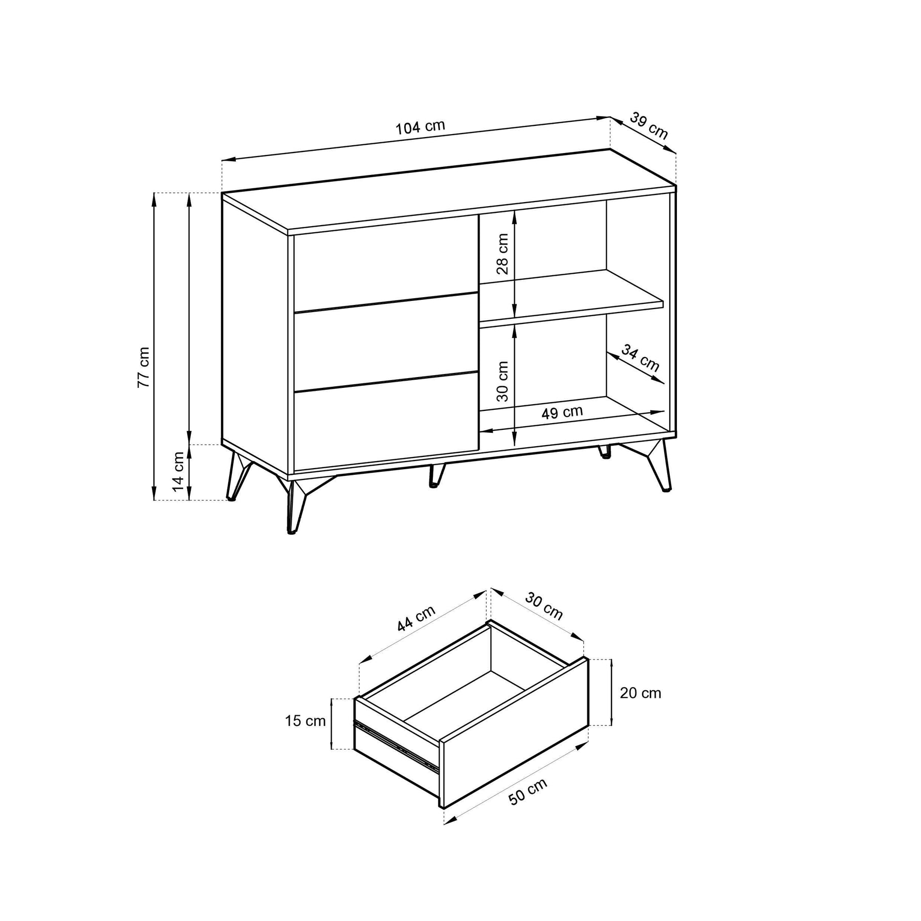 Madia 1 anta e 3 cassetti in legno laminato con piedi in metallo Evoke 104x77 cm
