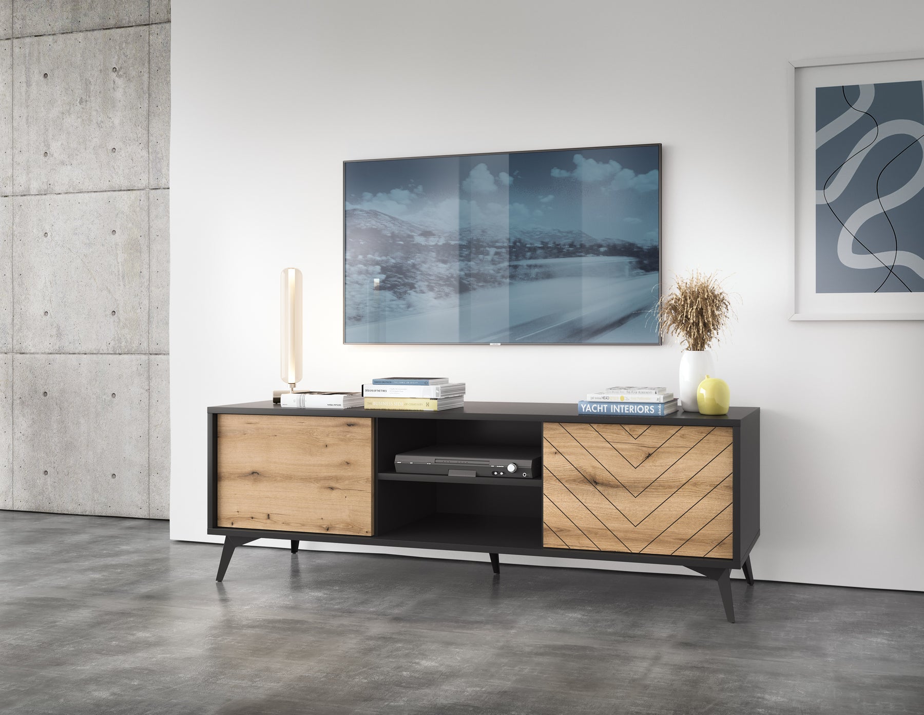 Mobile TV 2 ante 2 ripiani in legno laminato con piedi in metallo Evoke 154x50 cm