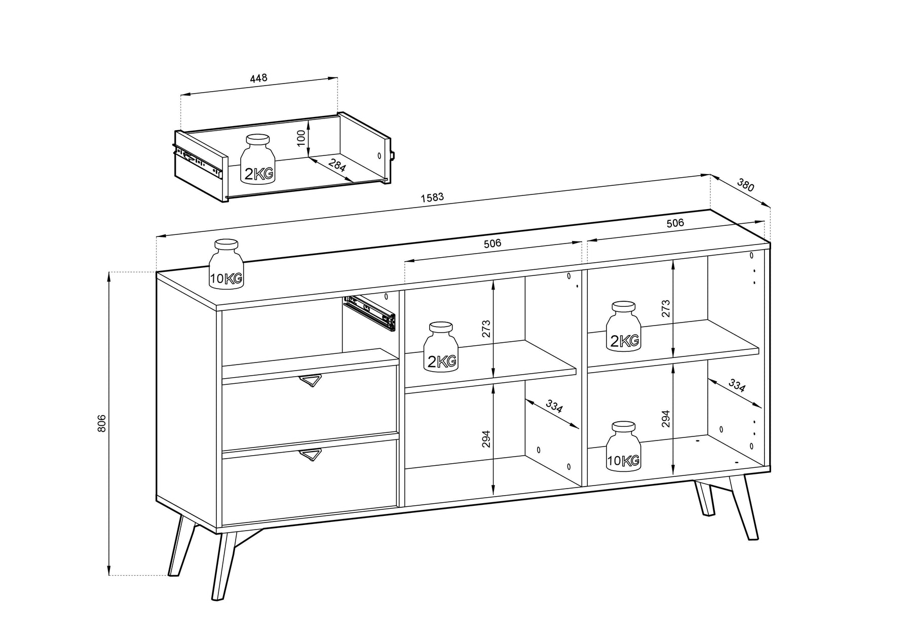 Madia 2 ante e 3 cassetti in legno laminato Vanity 158x80 cm