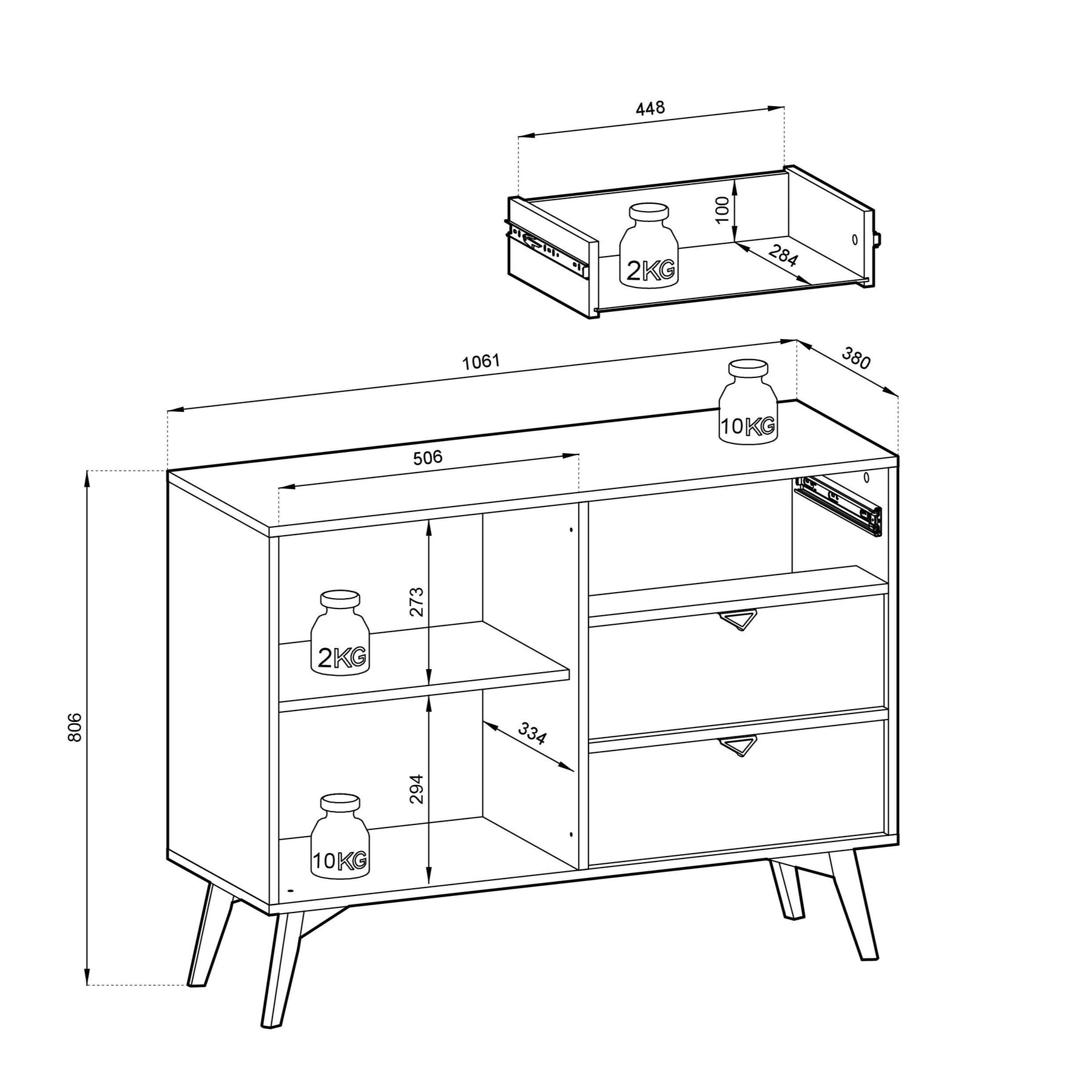 Madia 1 anta e 3 cassetti in legno laminato Vanity 106x80 cm