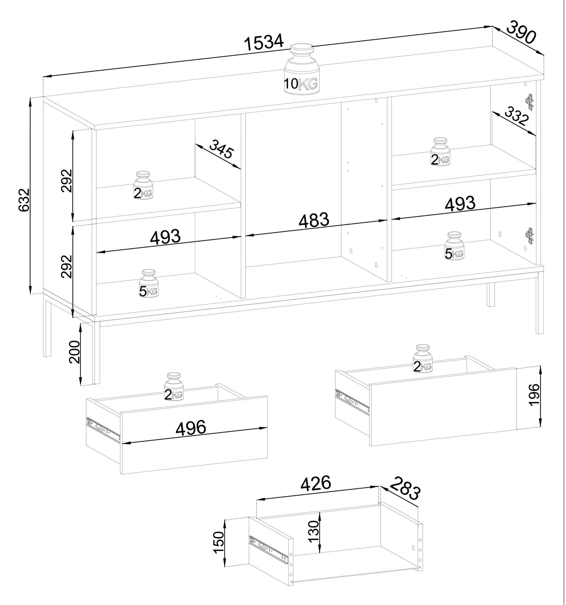Credenza a 2 ante e 3 cassetti con LED integrato Aura 154x83 cm