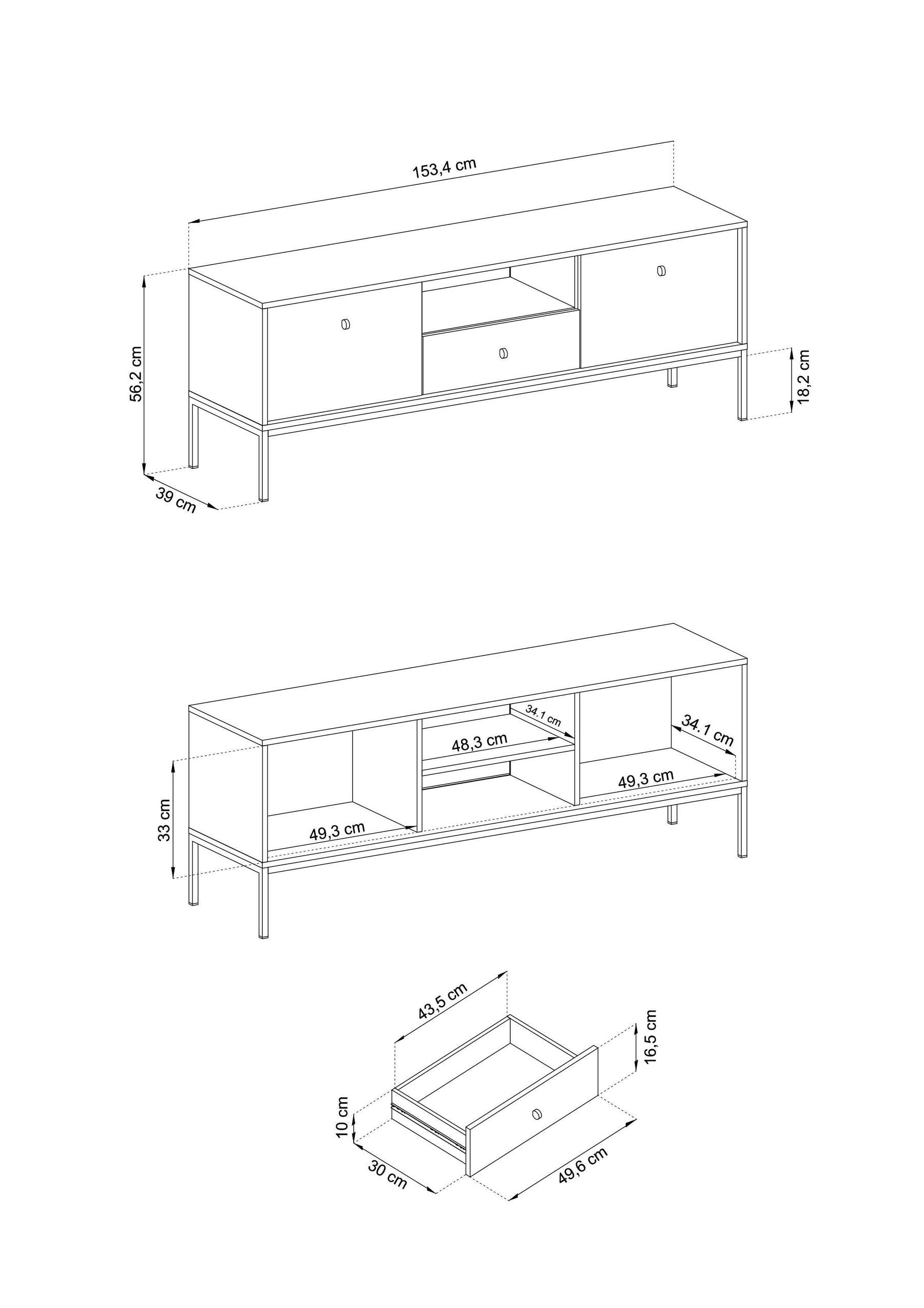 Mobile TV con piedi in metallo 2 ante e 1 cassetto in legno laminato Canterno 154x56 cm
