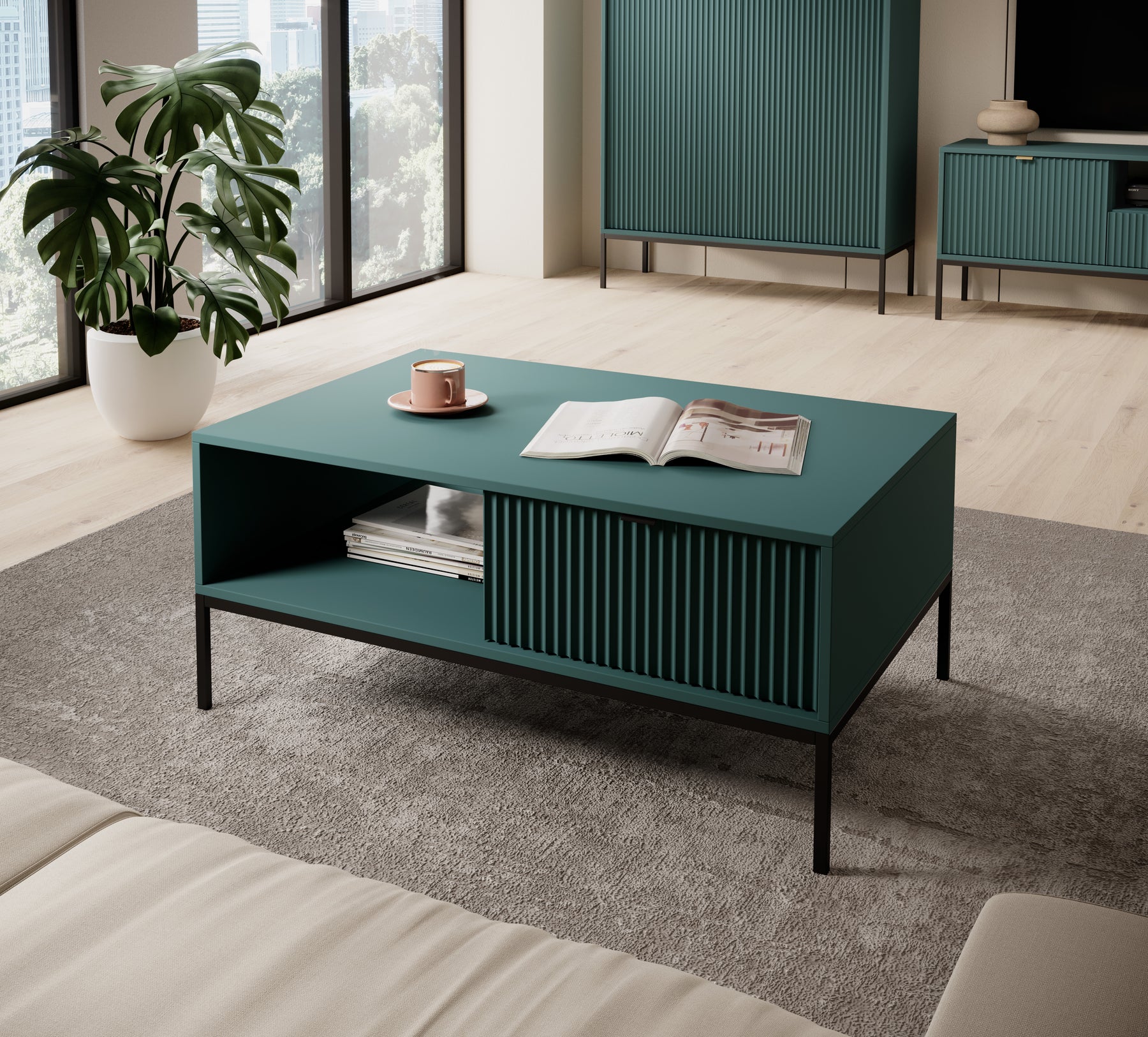 Tavolino con piedi in metallo 1 cassetto ed 1 vano in legno laminato Miseno 104x68 cm