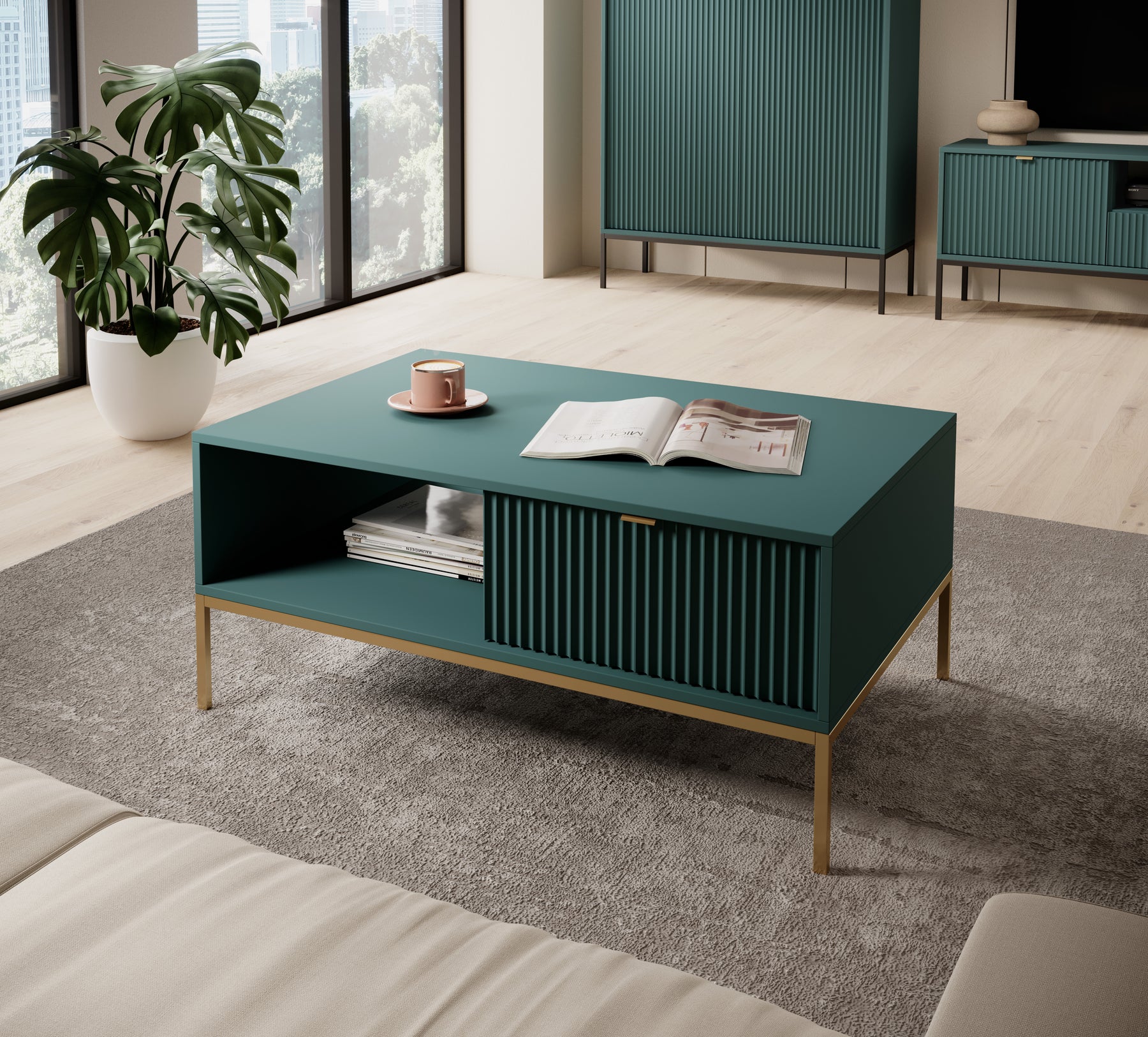 Tavolino con piedi in metallo 1 cassetto ed 1 vano in legno laminato Miseno 104x68 cm