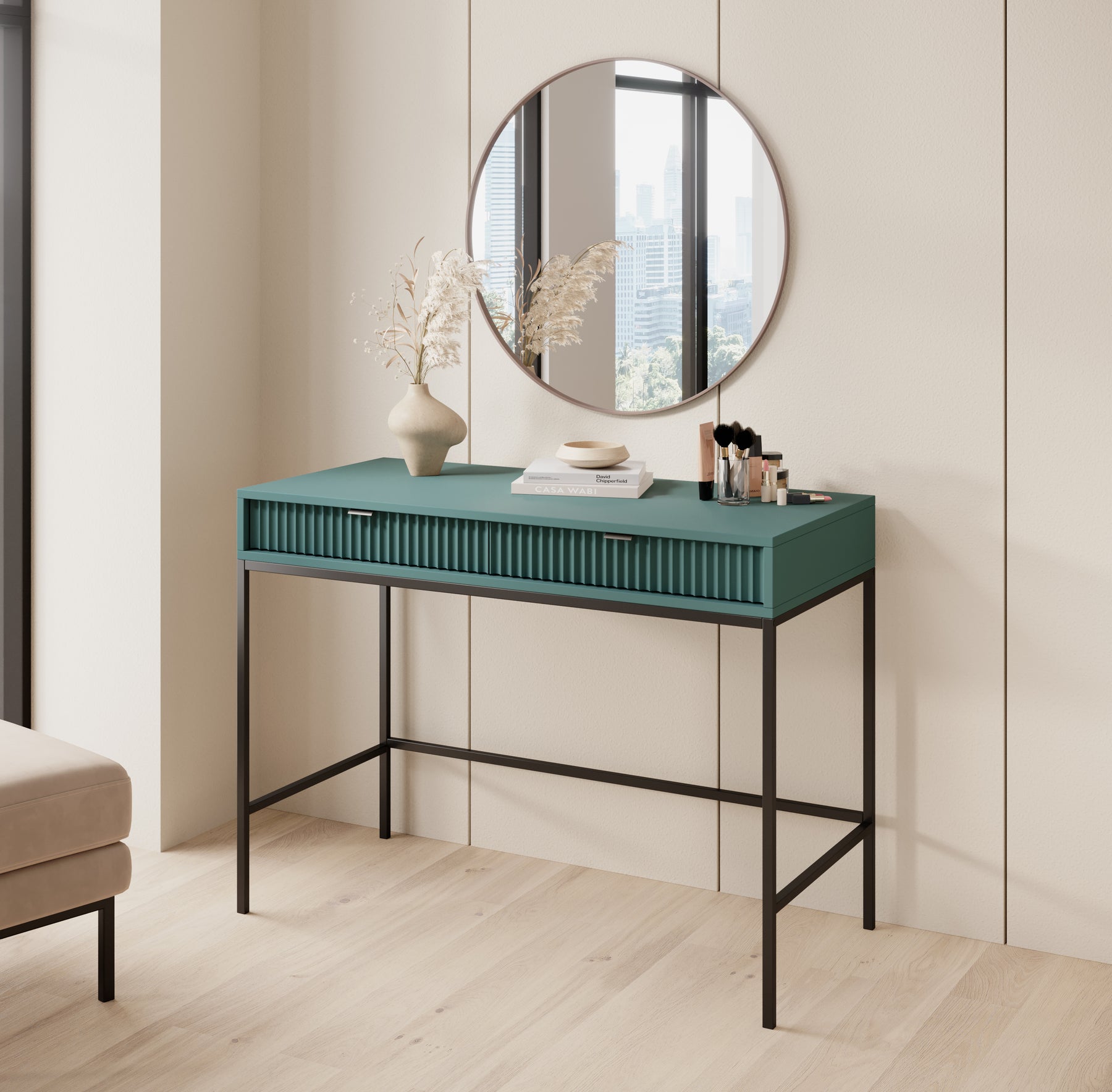 Consolle con piedi in metallo 2 cassetti in legno laminato Miseno 104x78 cm