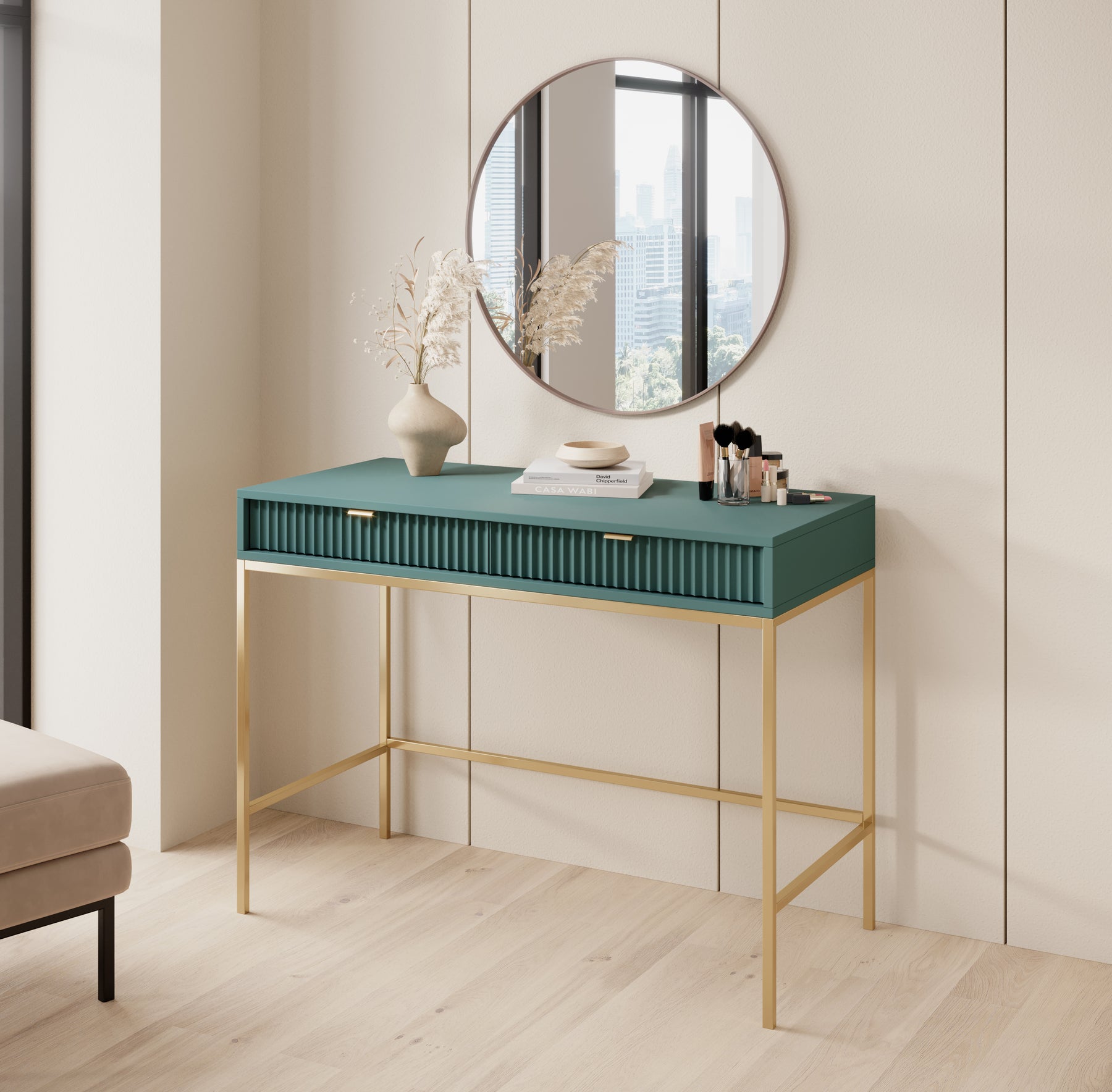 Consolle con piedi in metallo 2 cassetti in legno laminato Miseno 104x78 cm