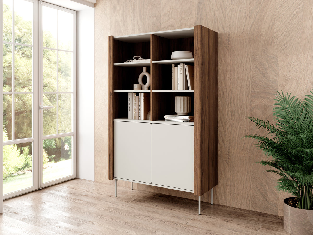 Credenza 2 ante con ripiani in legno laminato noce e cashmere Lumia 105x167 cm
