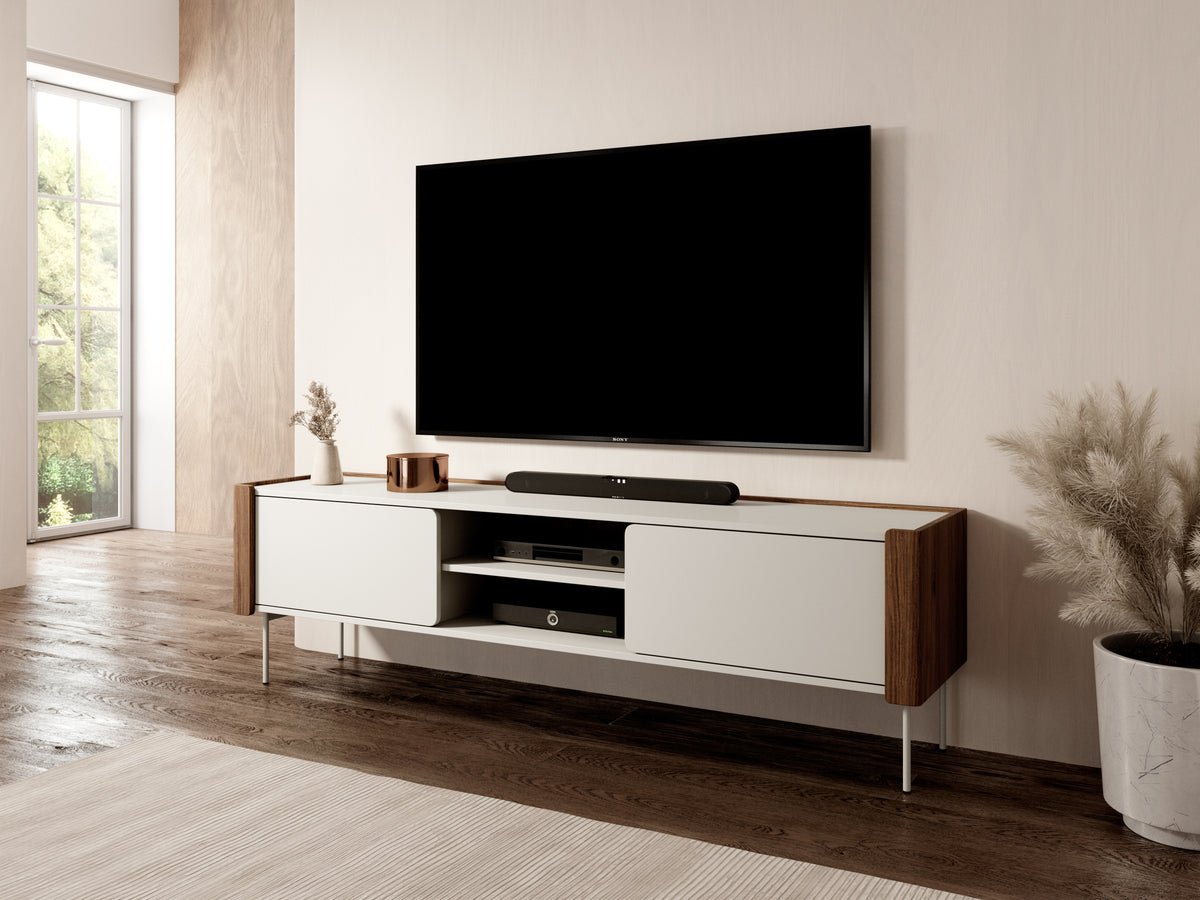 Mobile porta TV con 2 ante in legno laminato noce e cashmere Lumia 180x52 cm