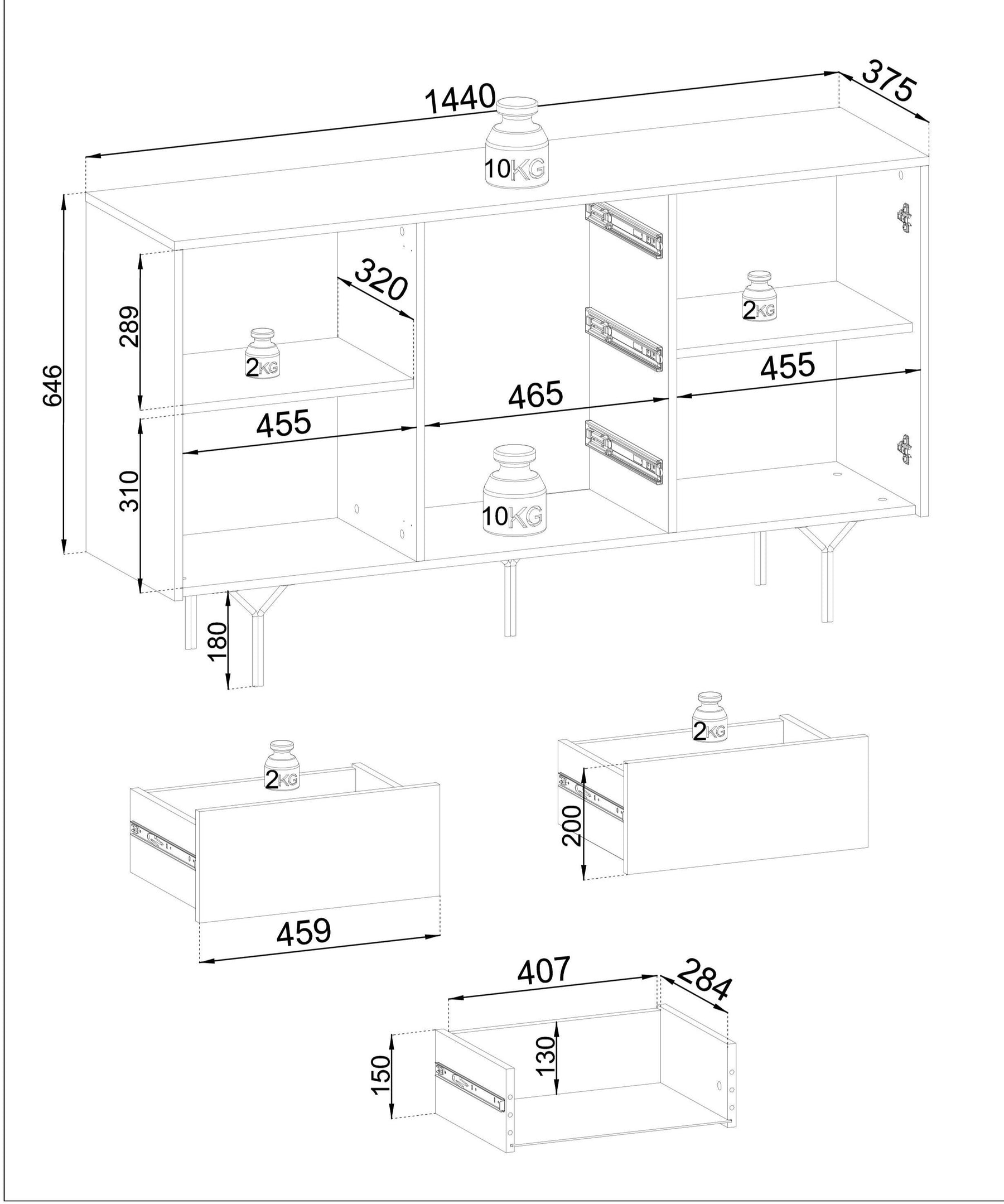 Credenza 2 ante 3 cassetti in legno laminato Nerea 144x83 cm