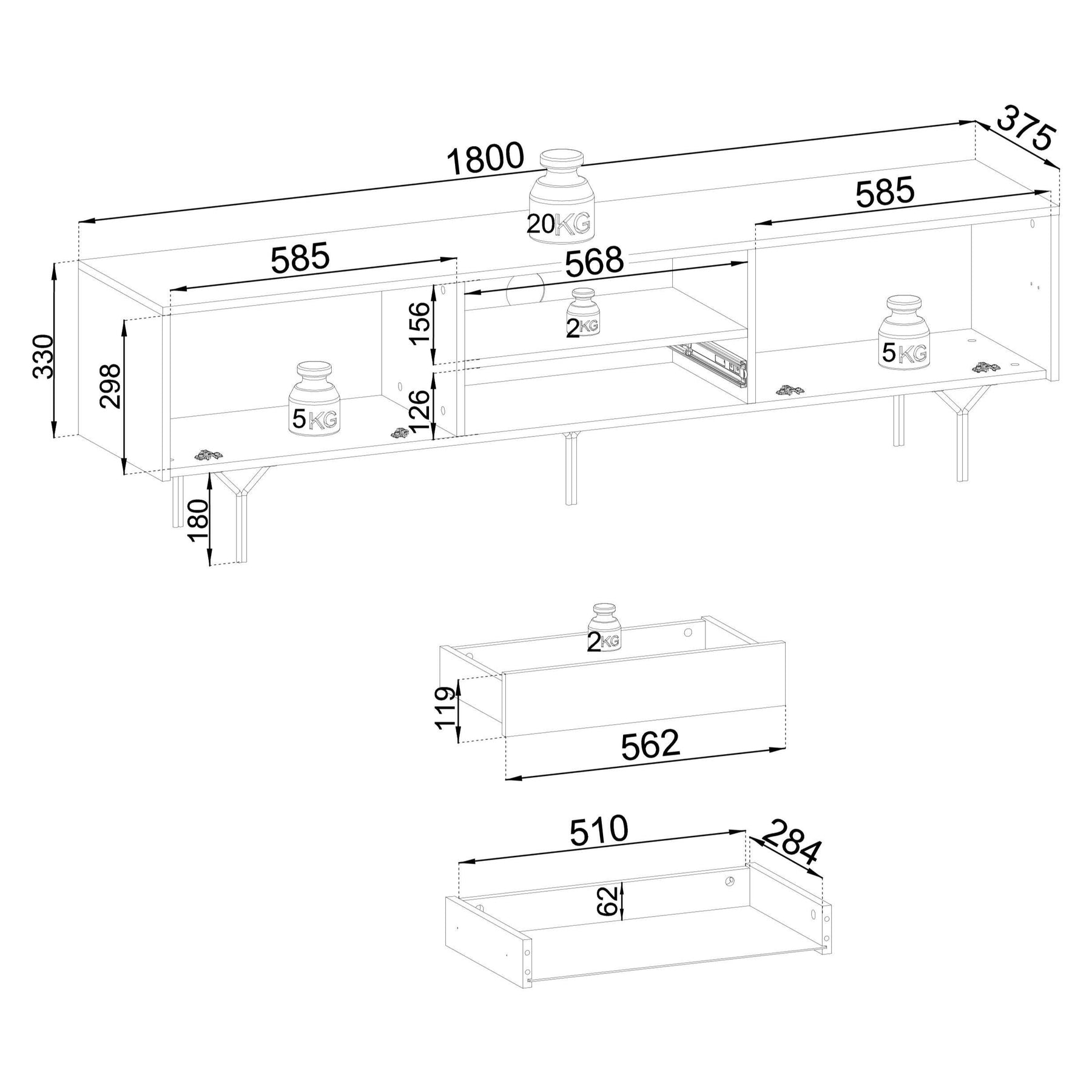 Mobile TV 2 Ante 1 cassetto in legno laminato Nerea 180x51 cm
