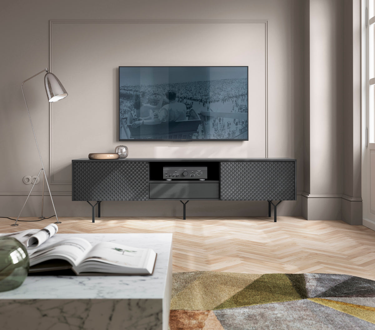 Mobile TV 2 Ante 1 cassetto in legno laminato Nerea 180x51 cm
