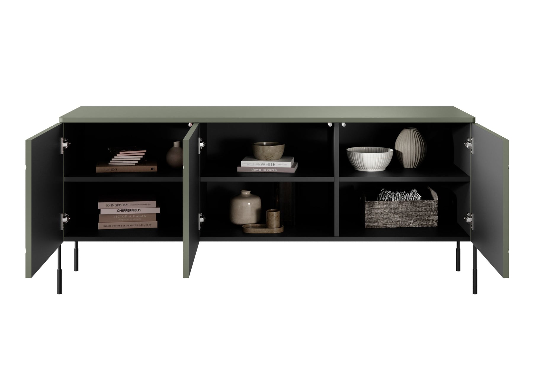 Mobile TV 3 ante verde oliva con piede in metallo nero Sonatia 154x65 cm