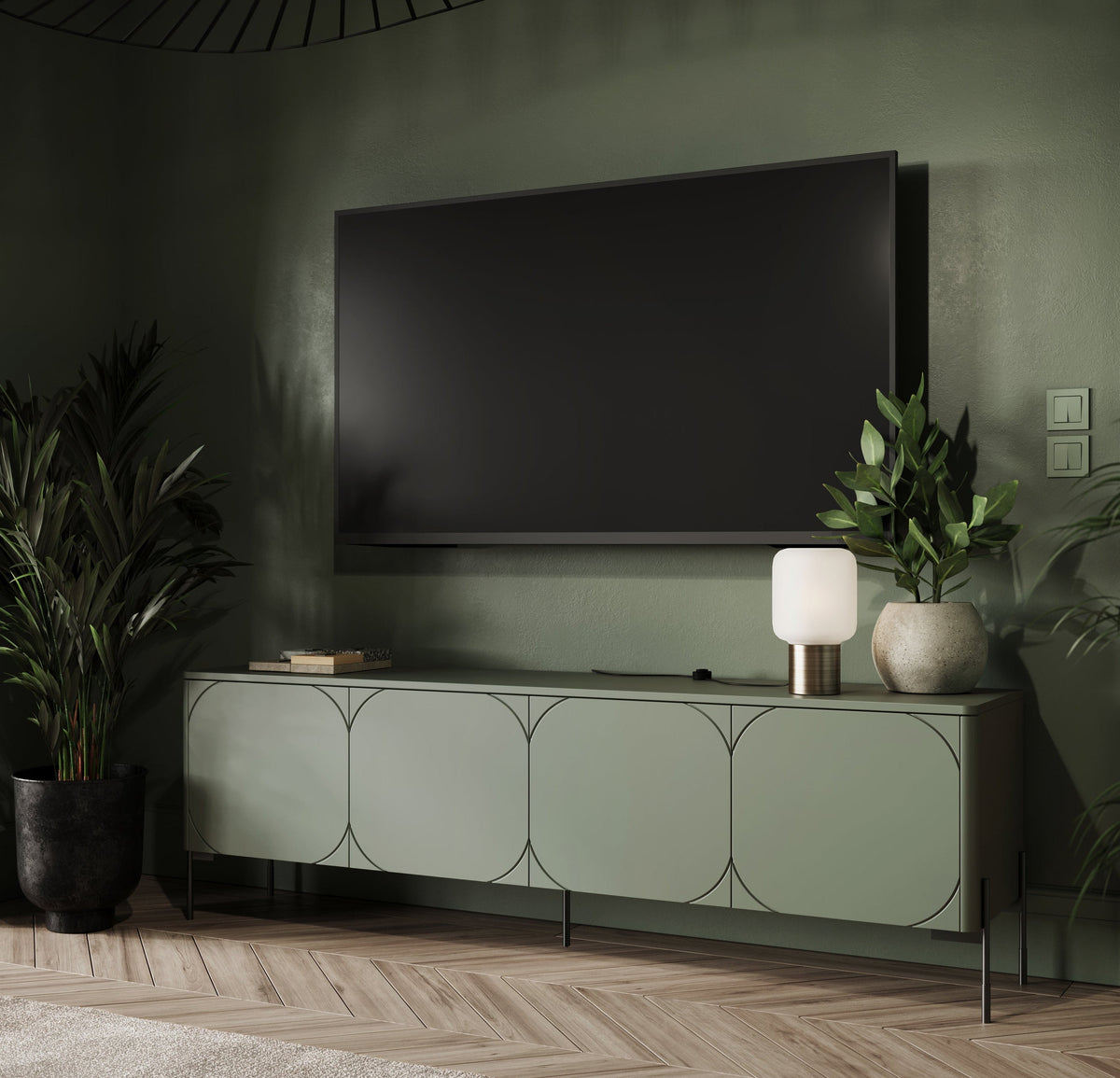 Mobile TV 4 ante con piede in metallo verde oliva Sonatia 204x65 cm