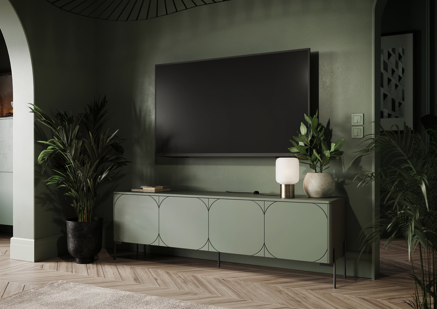 Mobile TV 4 ante con piede in metallo verde oliva Sonatia 204x65 cm